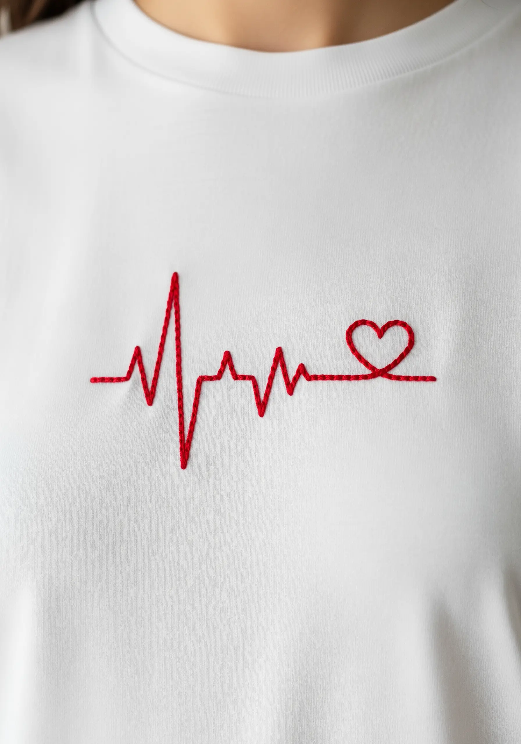 A red satin-stitched heartbeat line ending in a heart on a white T-shirt.