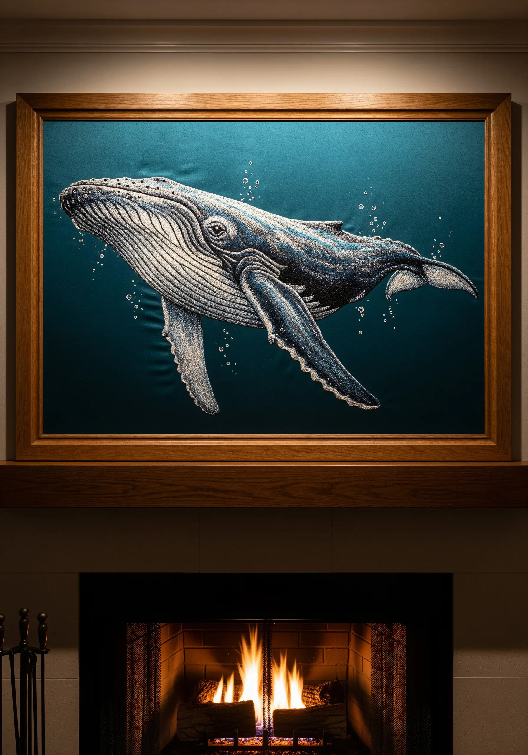 A highly detailed, thread-painted embroidery of a humpback whale against a dark teal background.