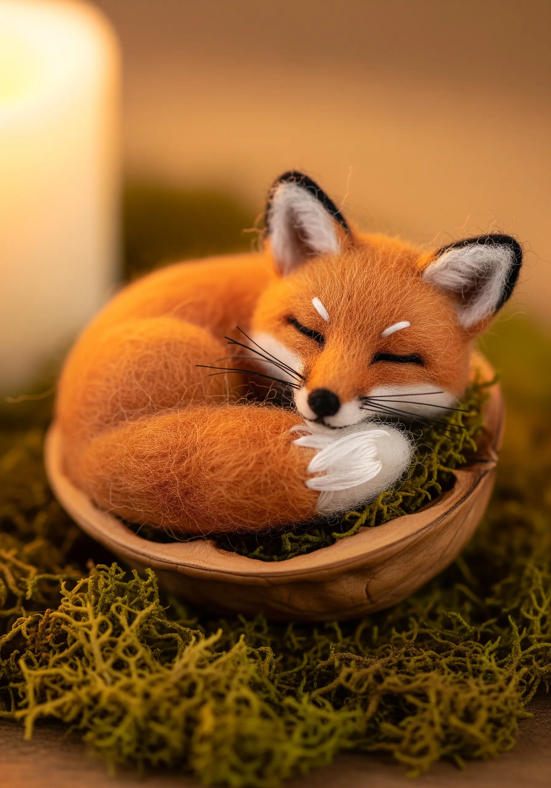 Miniature needle-felted fox sleeping in a nutshell, demonstrating realistic fur texture.
