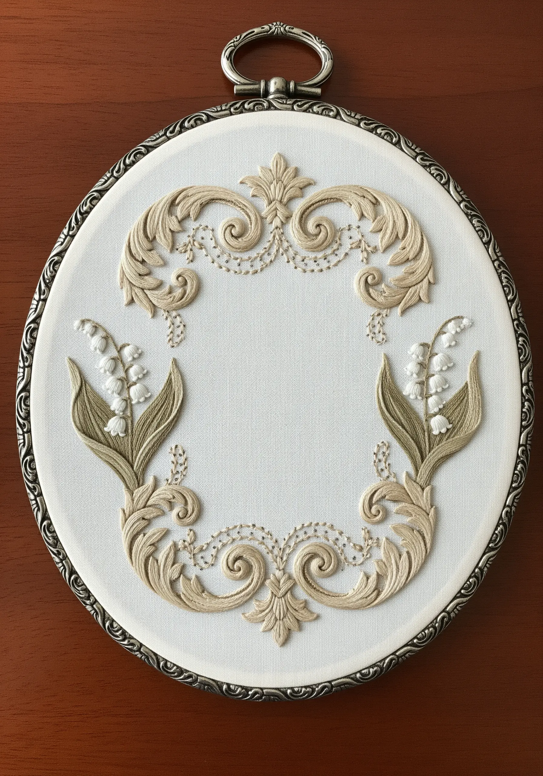 Ornate, 3D embroidered frame with beige scrollwork and lily of the valley flowers.