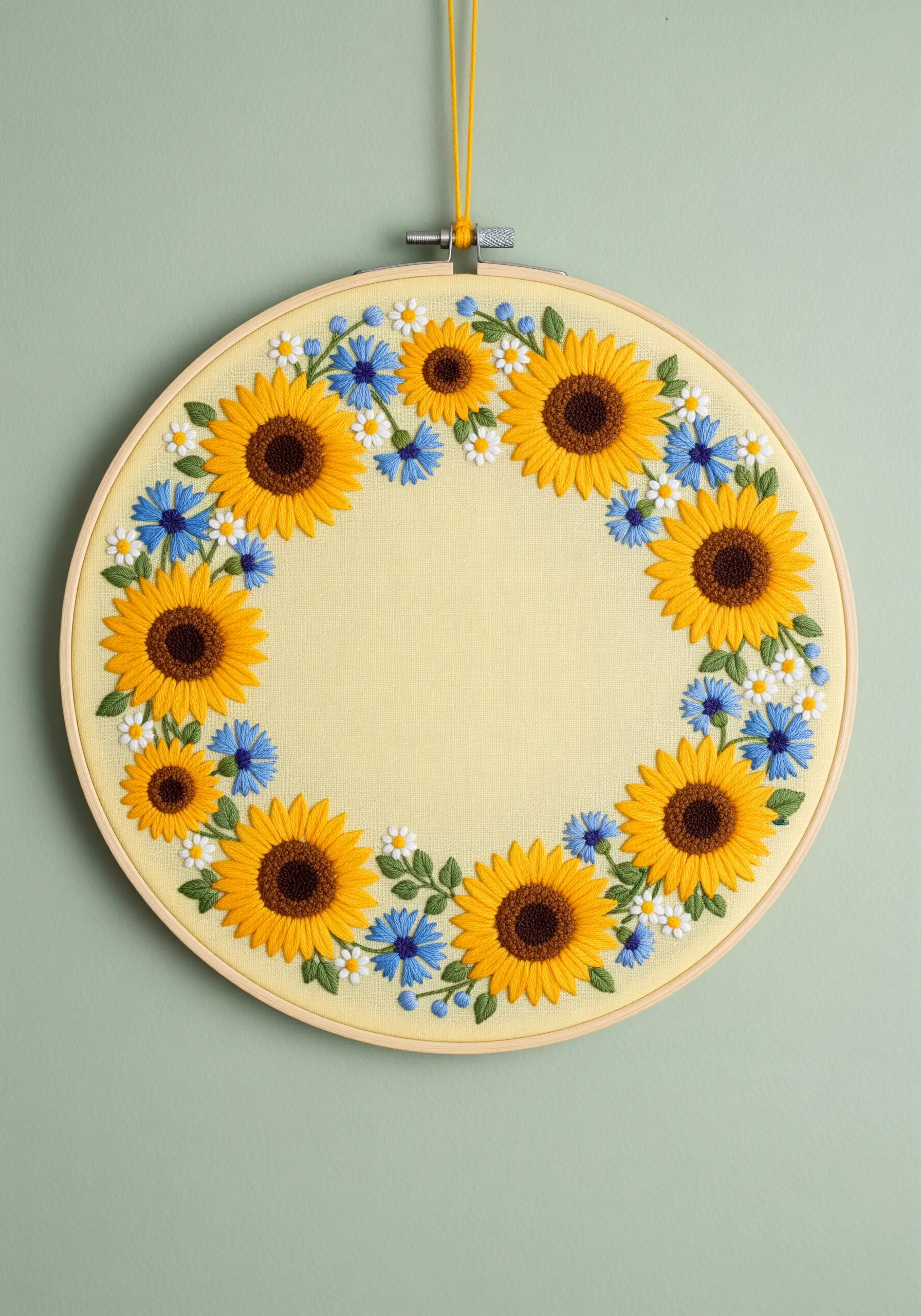 Full floral wreath embroidery with bright yellow sunflowers and blue cornflowers on yellow fabric.