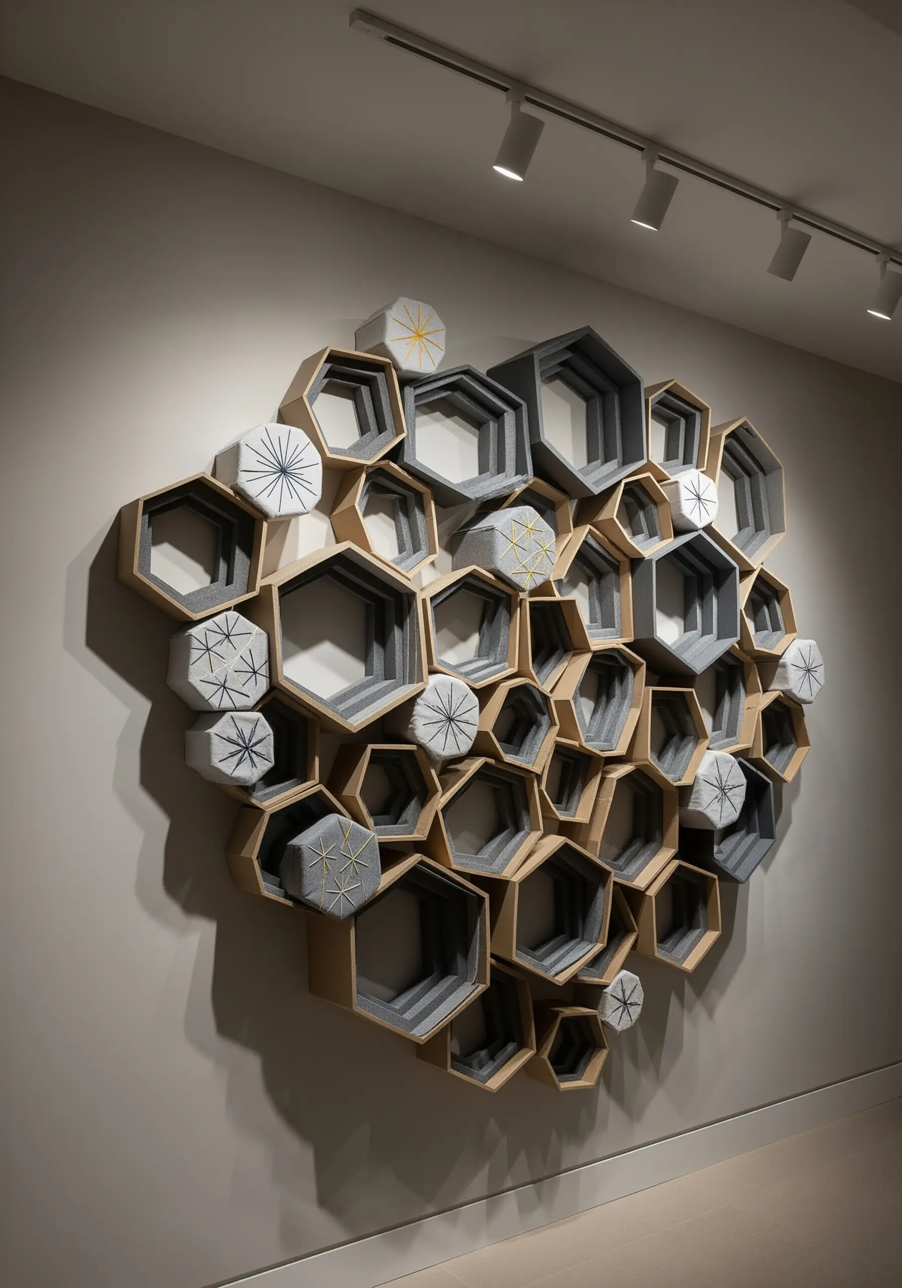 A wall installation of interconnected wooden hexagons, some empty and some covered in fabric with stitching.