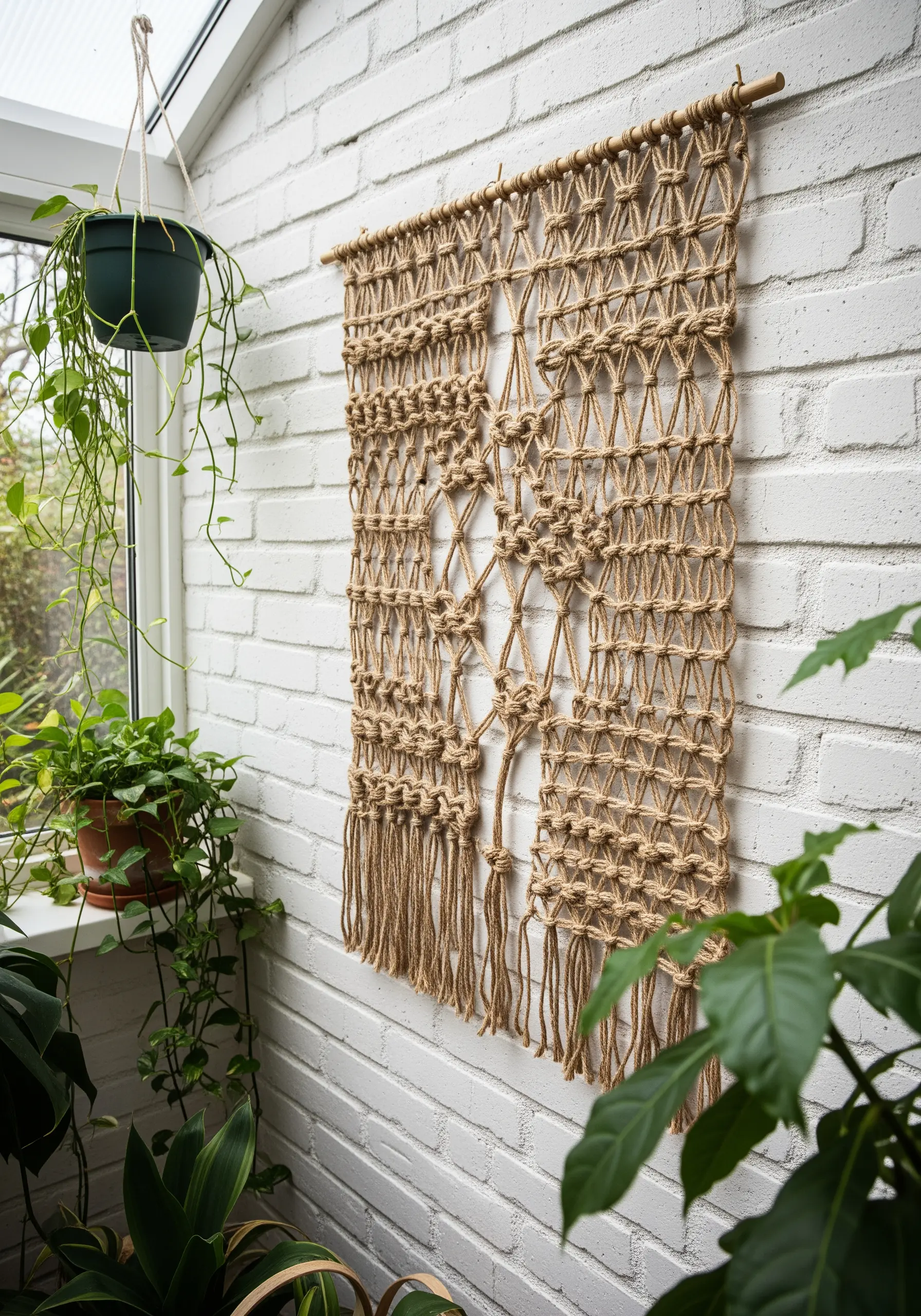 A macrame-style wall hanging made from jute cord with an open, knotted pattern.