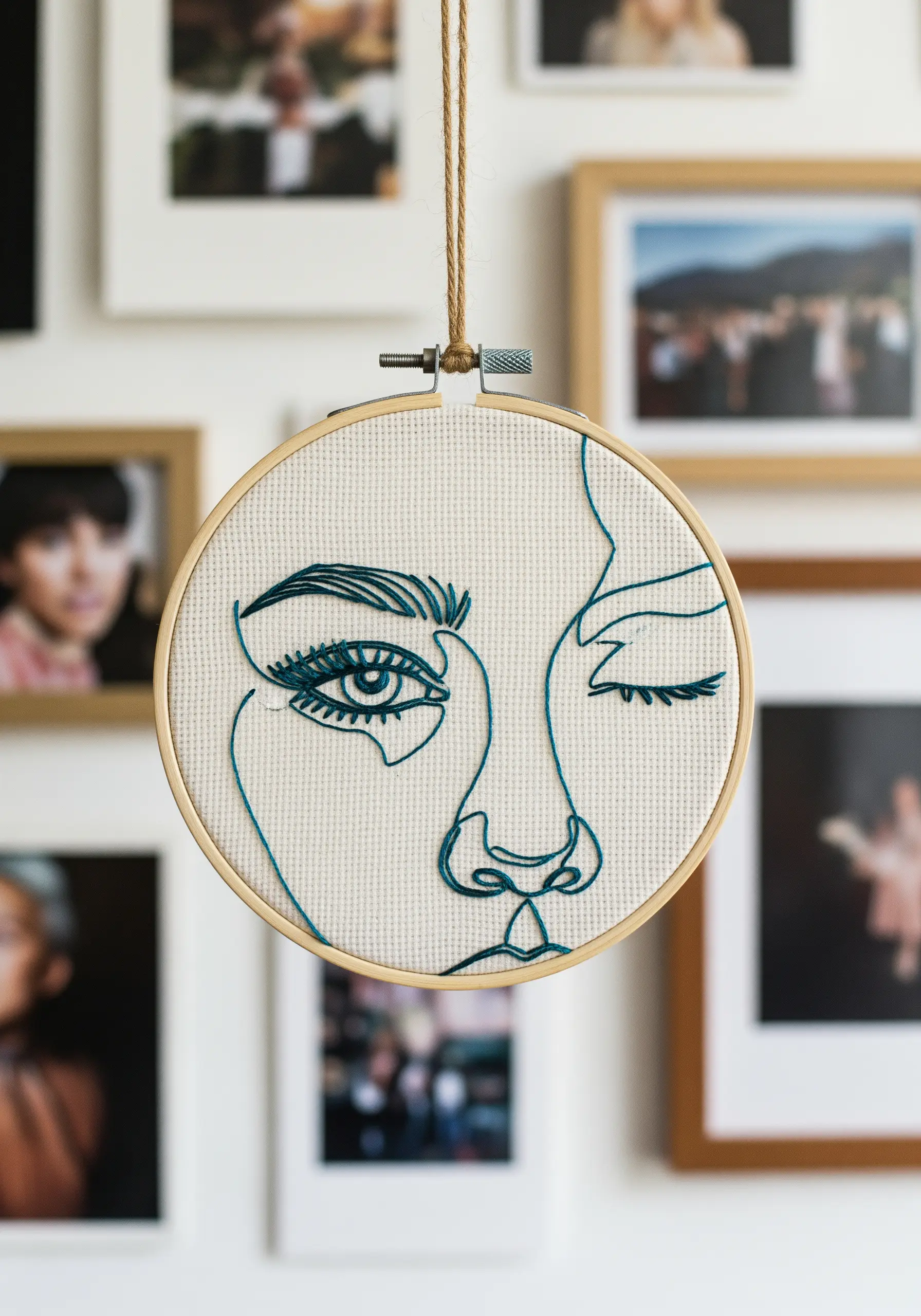 Teal thread line-art of a winking face stitched on white Aida cloth.