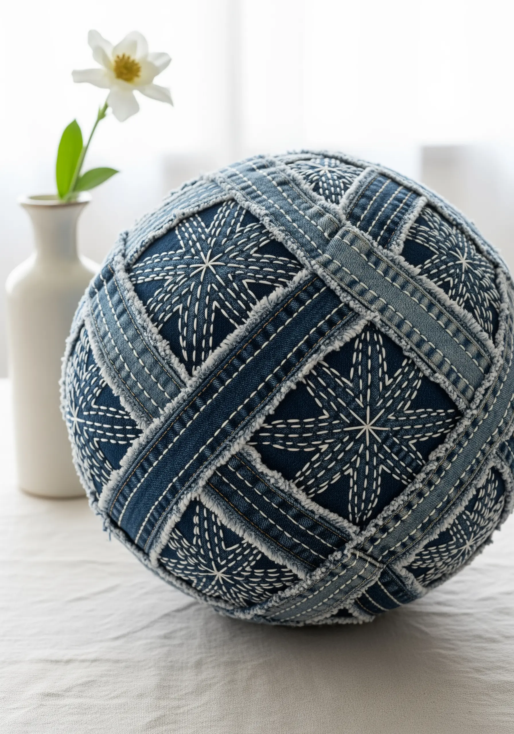 A decorative sphere covered in denim patches with traditional white Sashiko stitching.