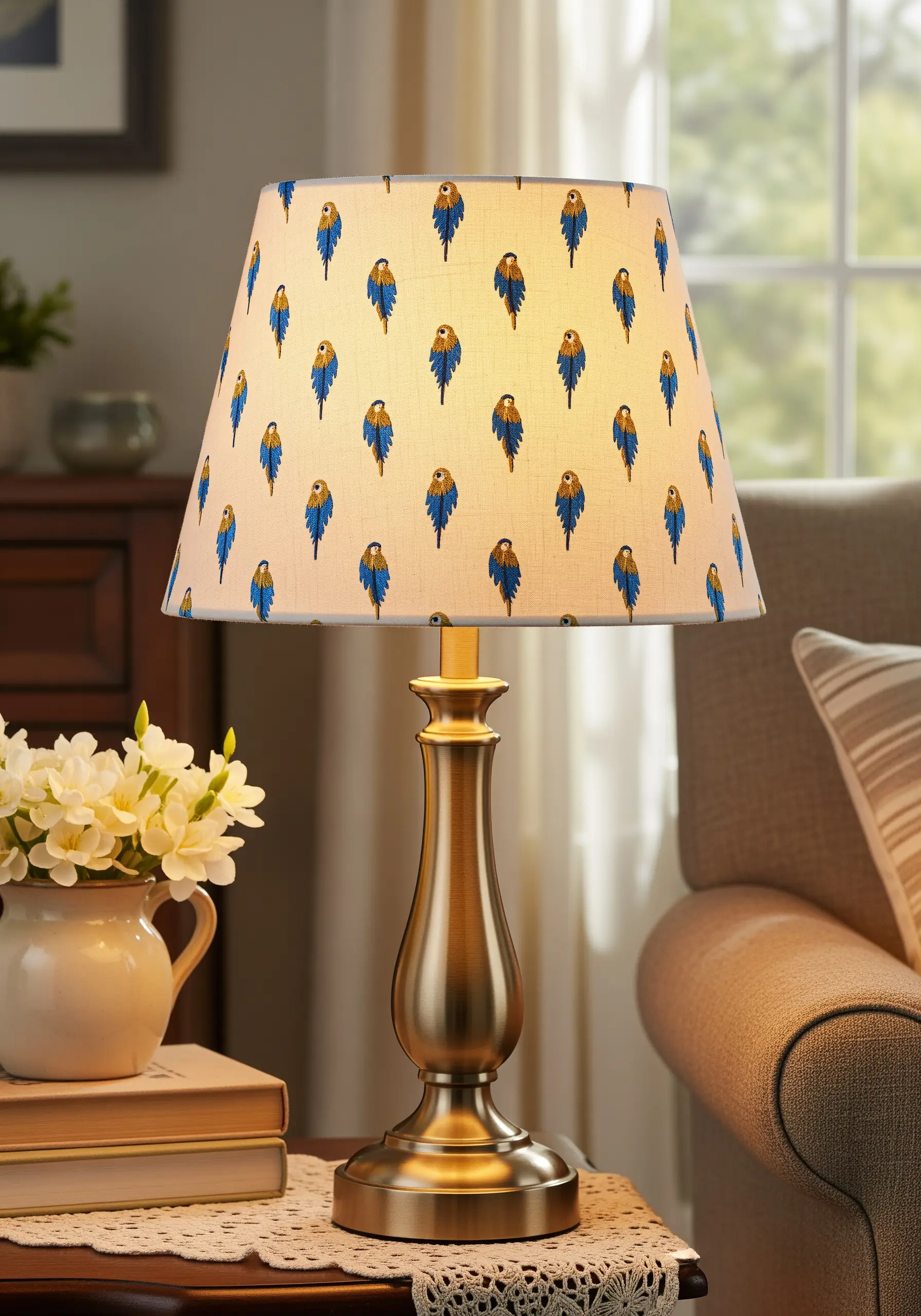 A table lamp with a custom lampshade featuring a repeating pattern of small parrots.