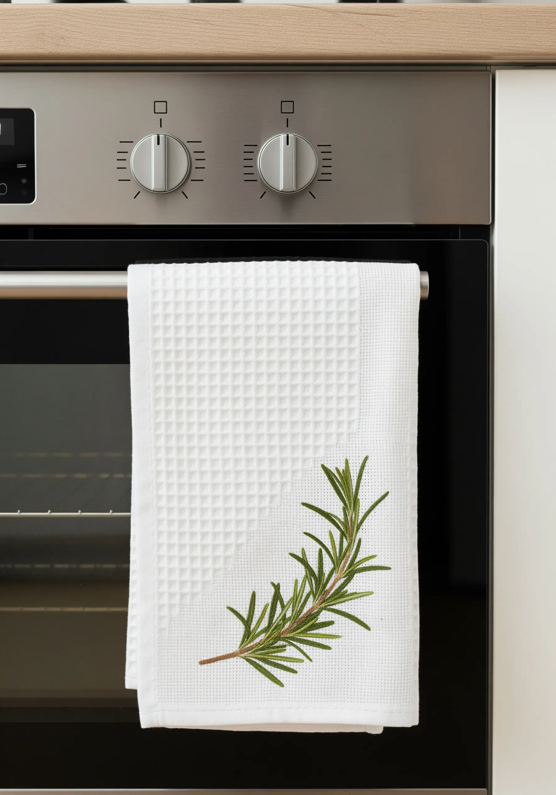 A sprig of rosemary embroidered on a white waffle-weave kitchen towel.