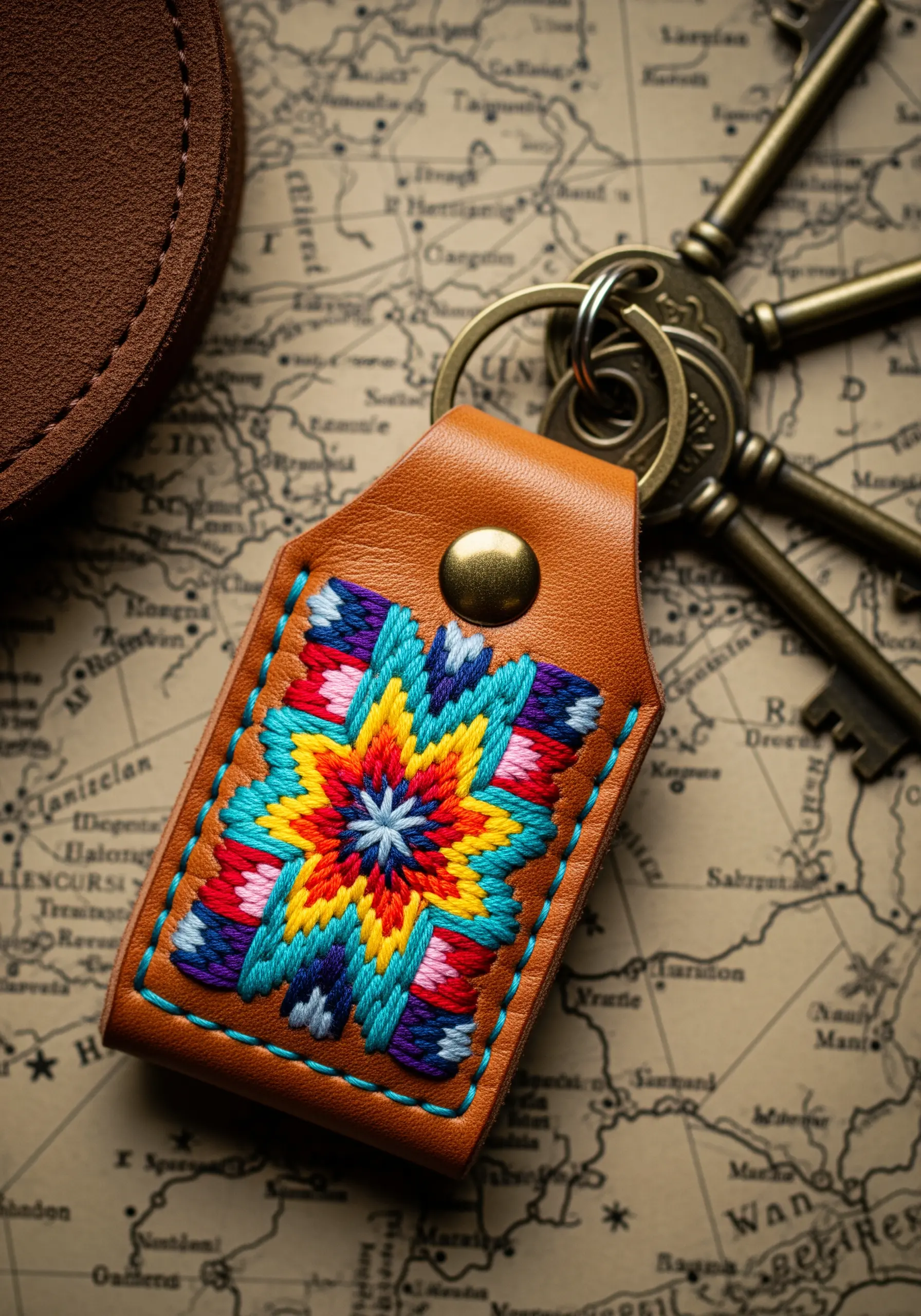 Leather keychain with a vibrant geometric starburst pattern embroidered in the center.