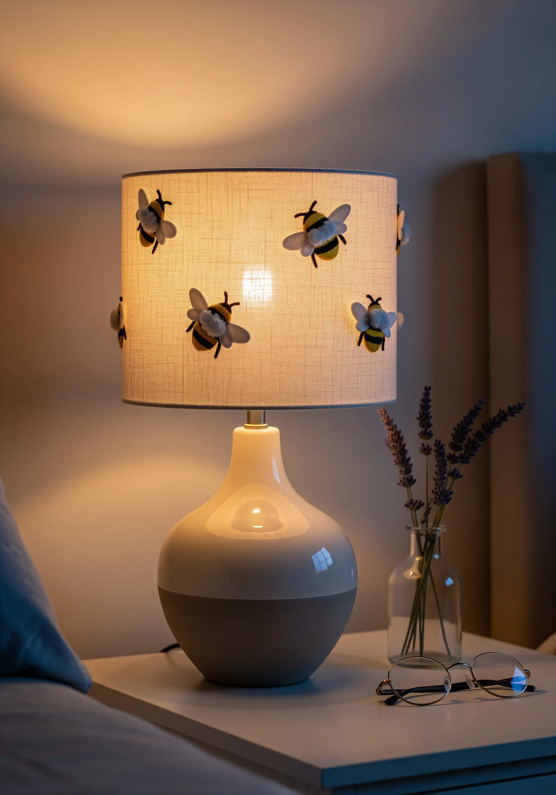 A fabric lampshade decorated with small, three-dimensional embroidered bees.