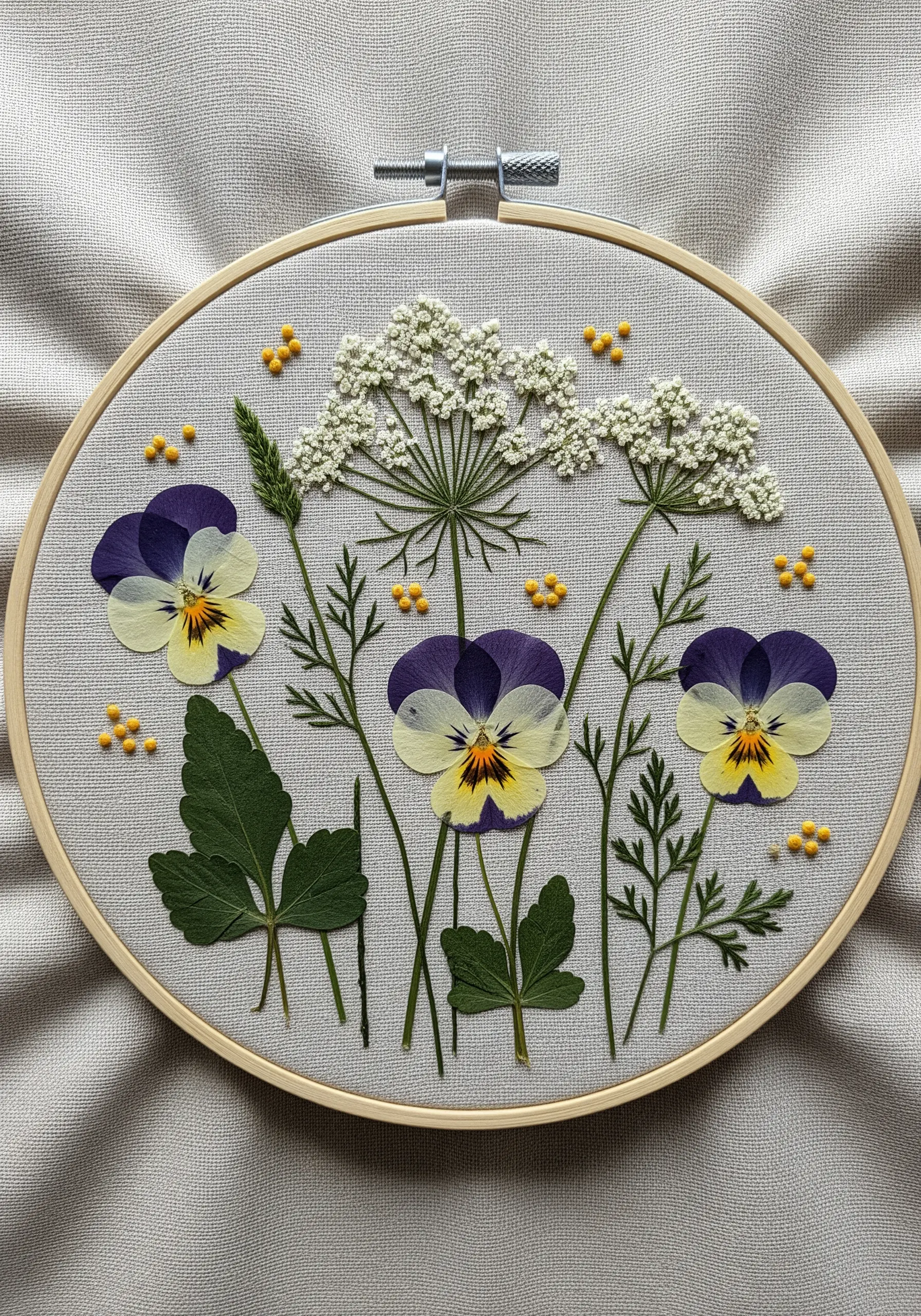 Pressed pansies and Queen Anne's lace in a hoop with yellow French knot details.
