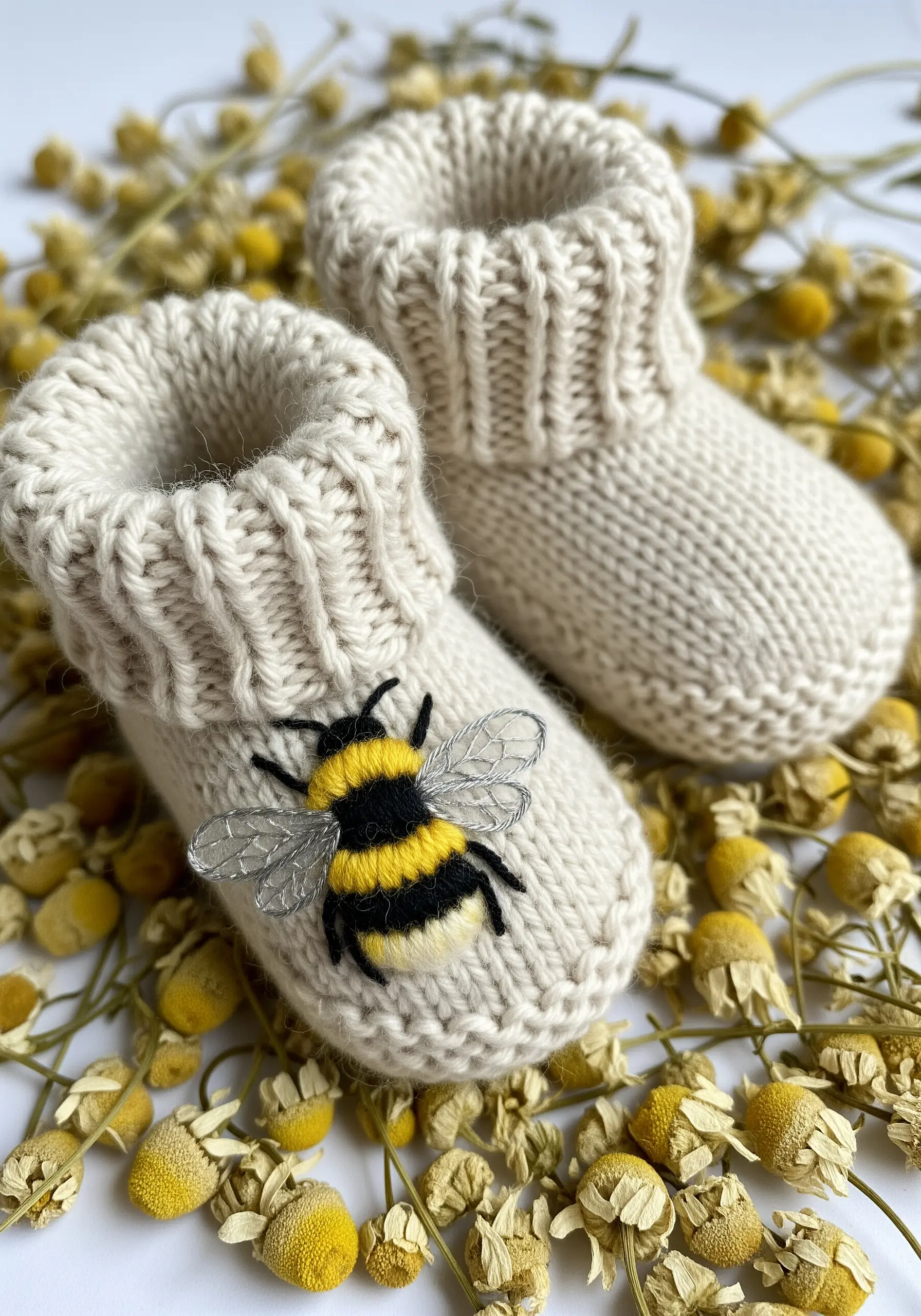 A 3D bumblebee on a knitted bootie, made with needle felting and embroidery.