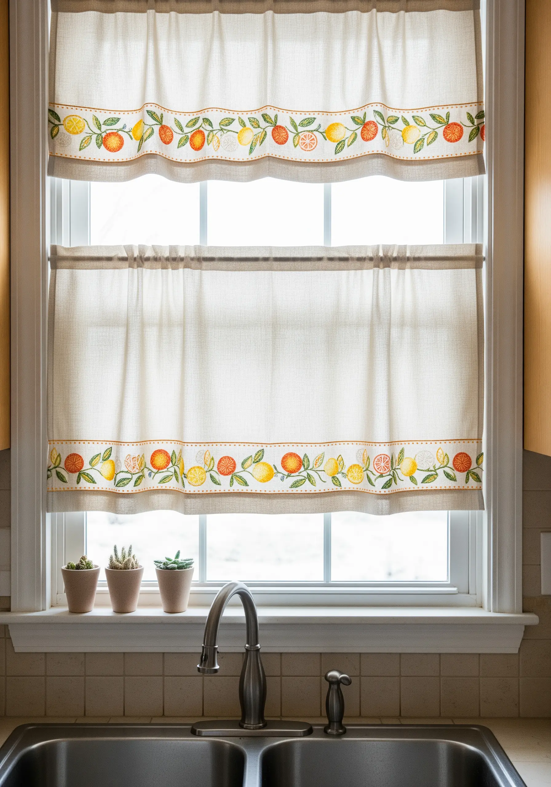 Linen kitchen curtains with an embroidered border of lemons and oranges.