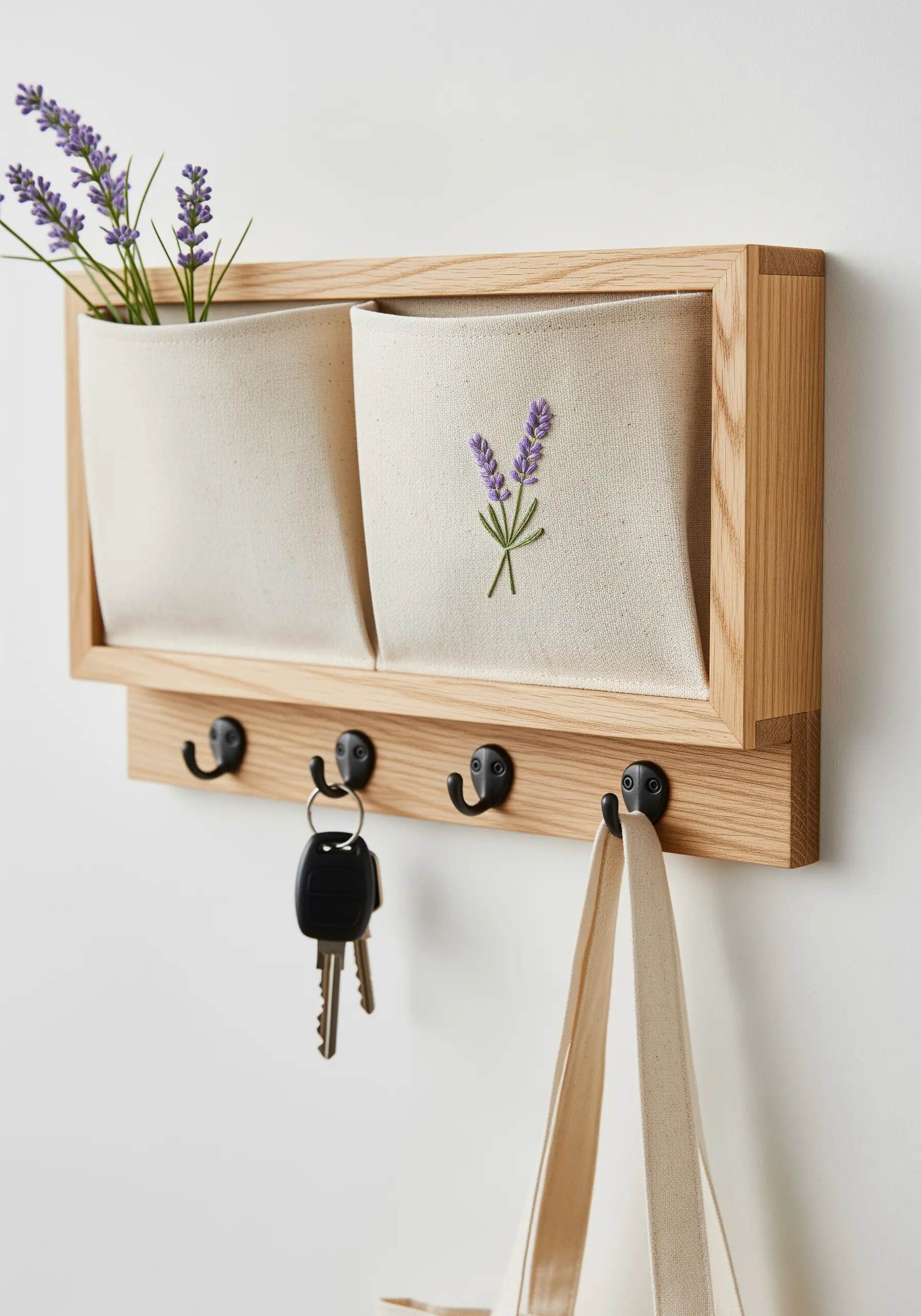 A single lavender sprig embroidered on a canvas wall organizer pocket.