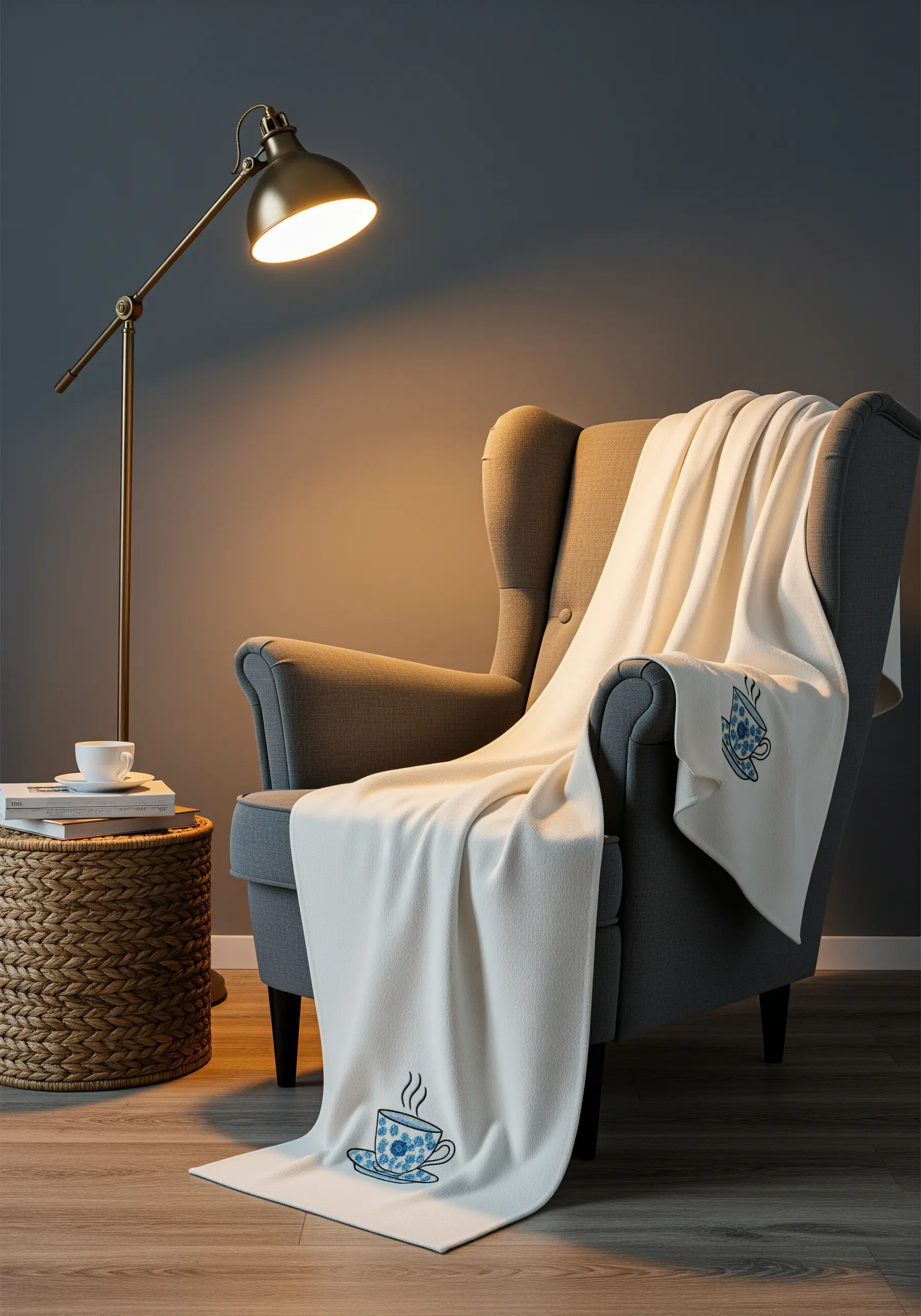 A simple line art embroidery of a steaming teacup on a white fleece blanket.