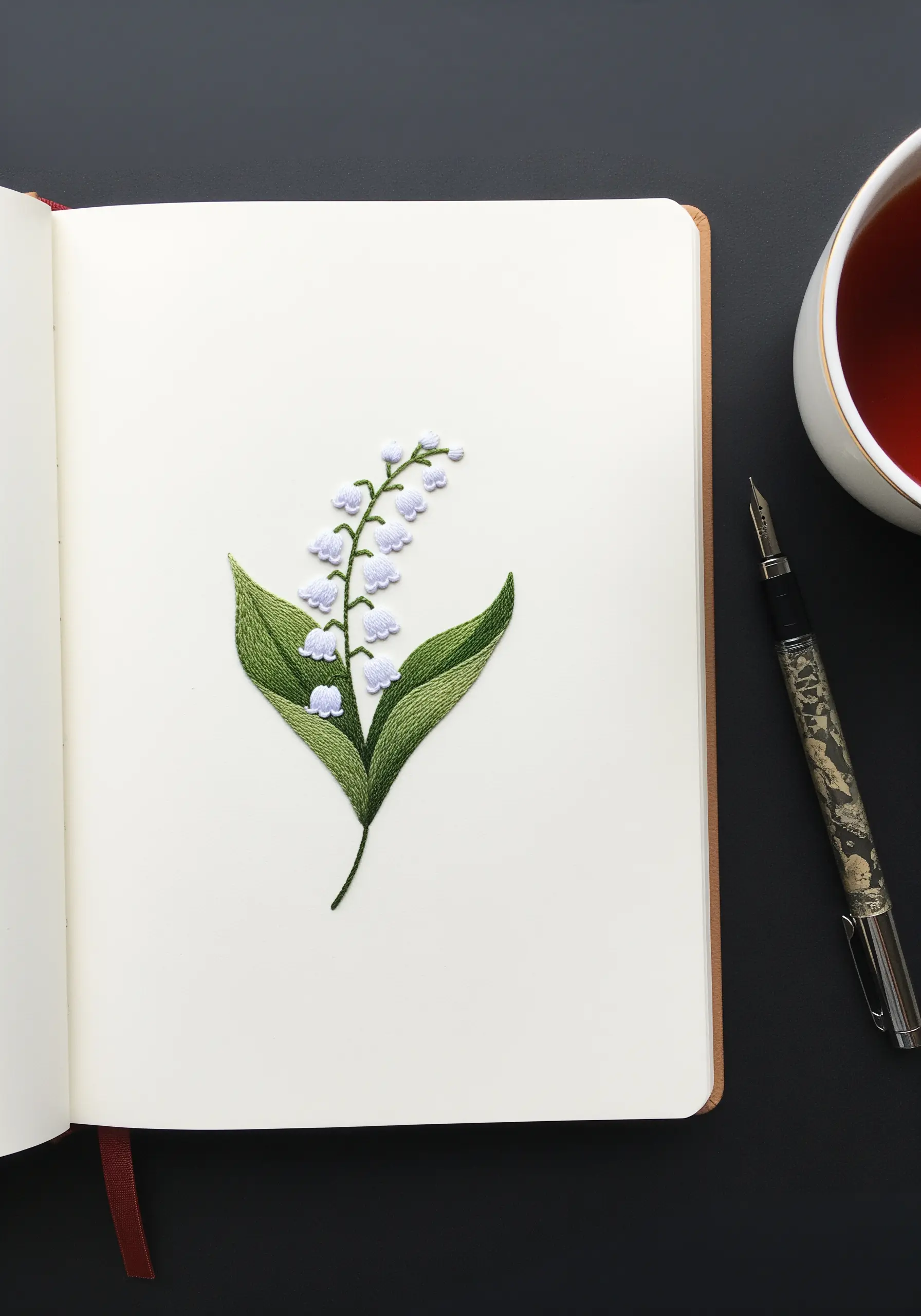 A delicate embroidery of Lily of the Valley flowers stitched directly onto a journal page.