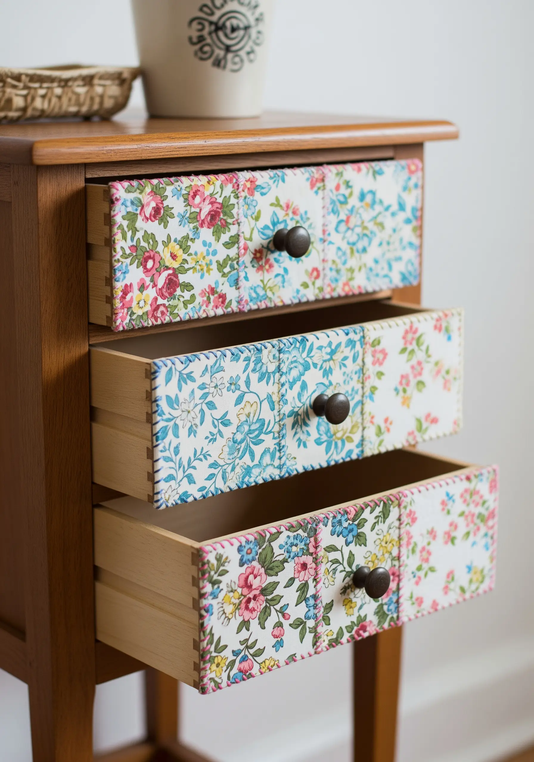 Drawer fronts of a small wooden table covered in patchwork floral fabric with visible stitches.