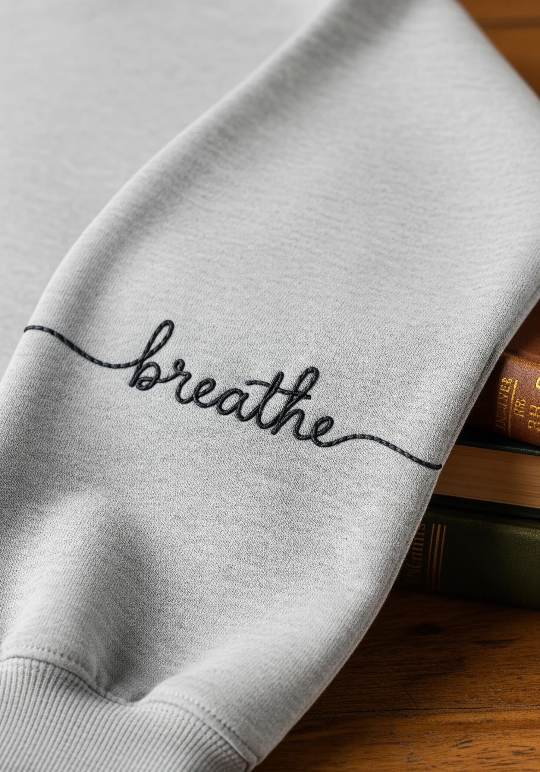 The word 'breathe' embroidered in delicate script on the sleeve of a grey sweatshirt.