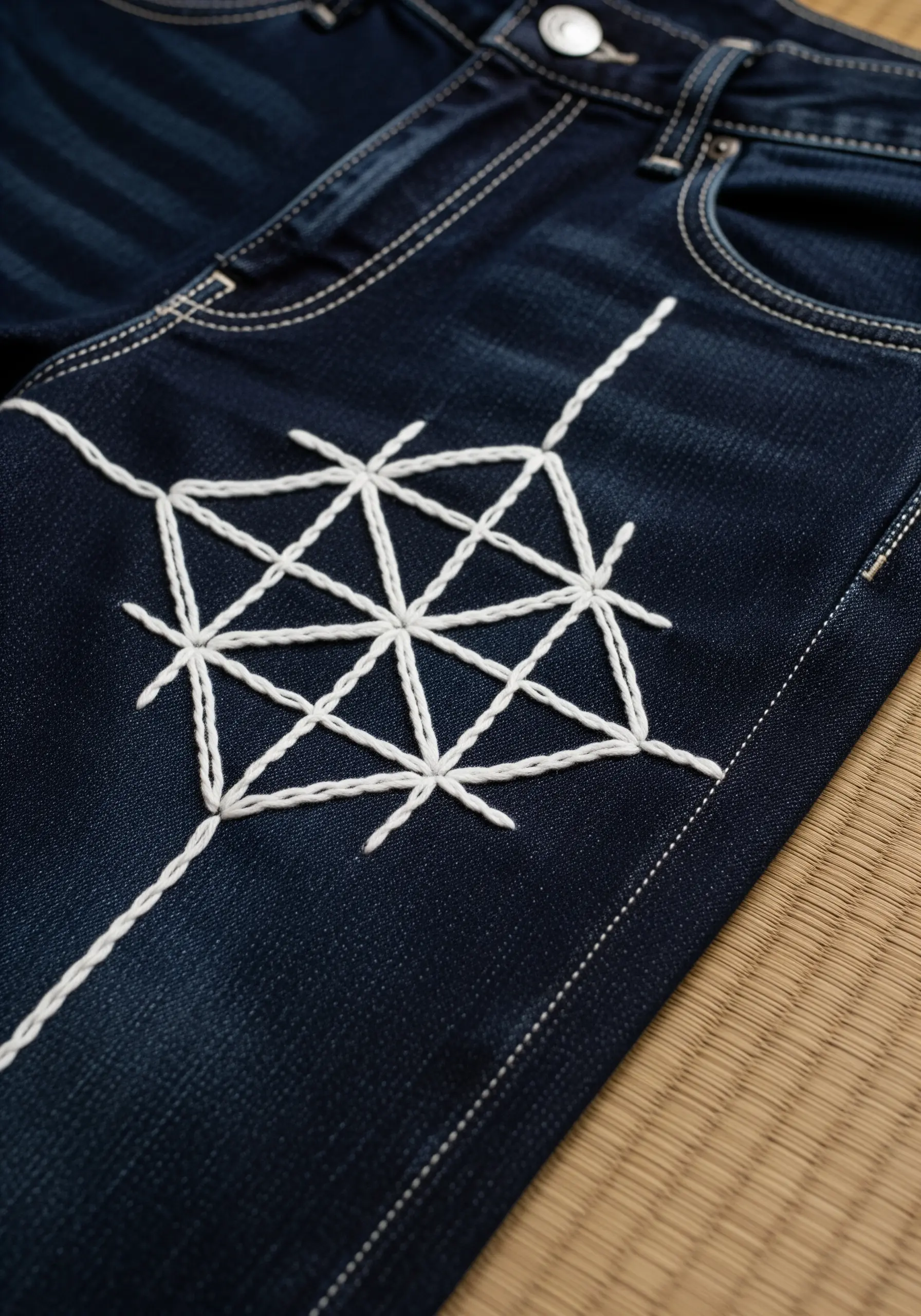 Japanese Sashiko embroidery in a white geometric star pattern on dark indigo denim jeans.