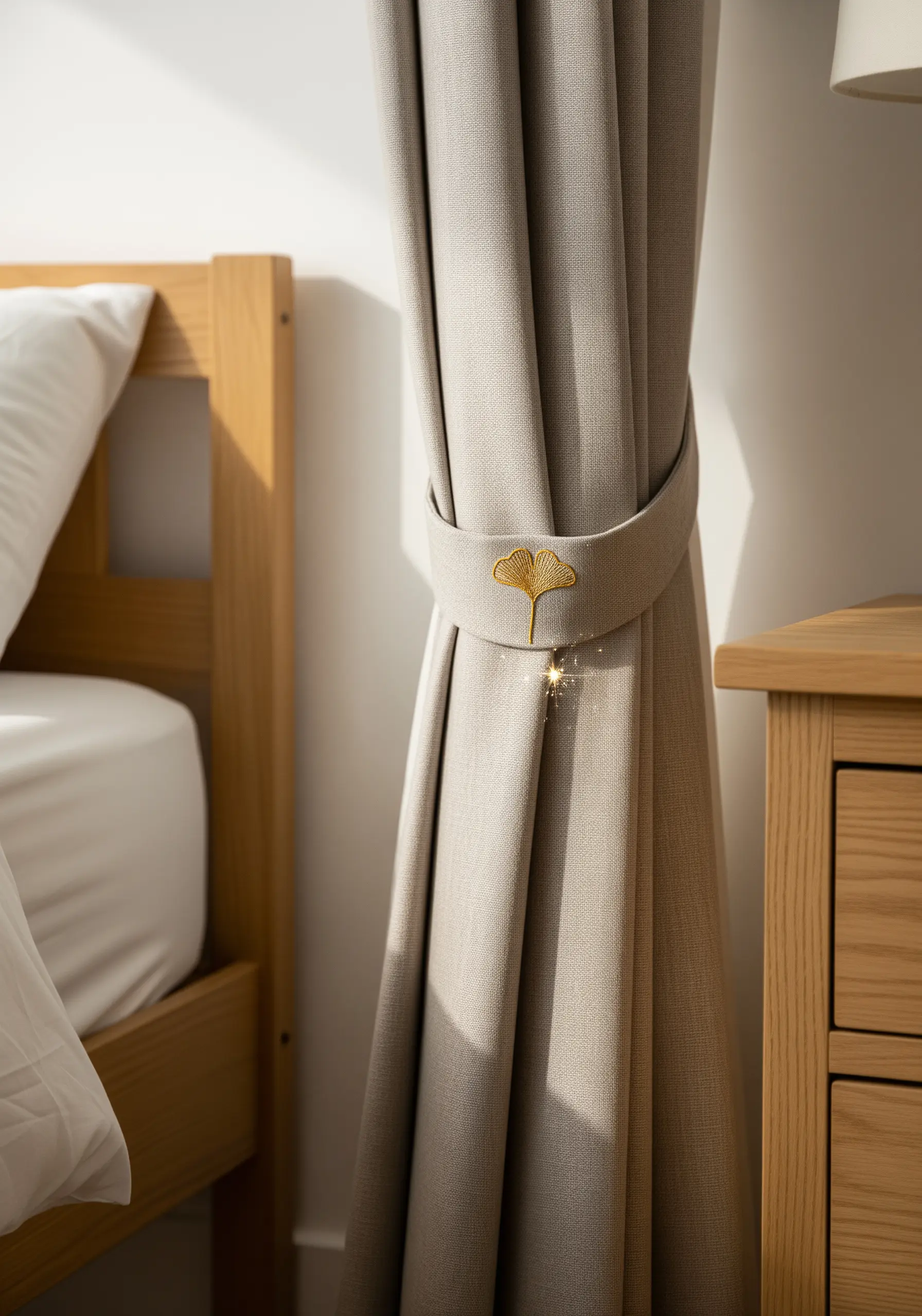 A single gold metallic thread ginkgo leaf embroidered on a neutral curtain tie-back.