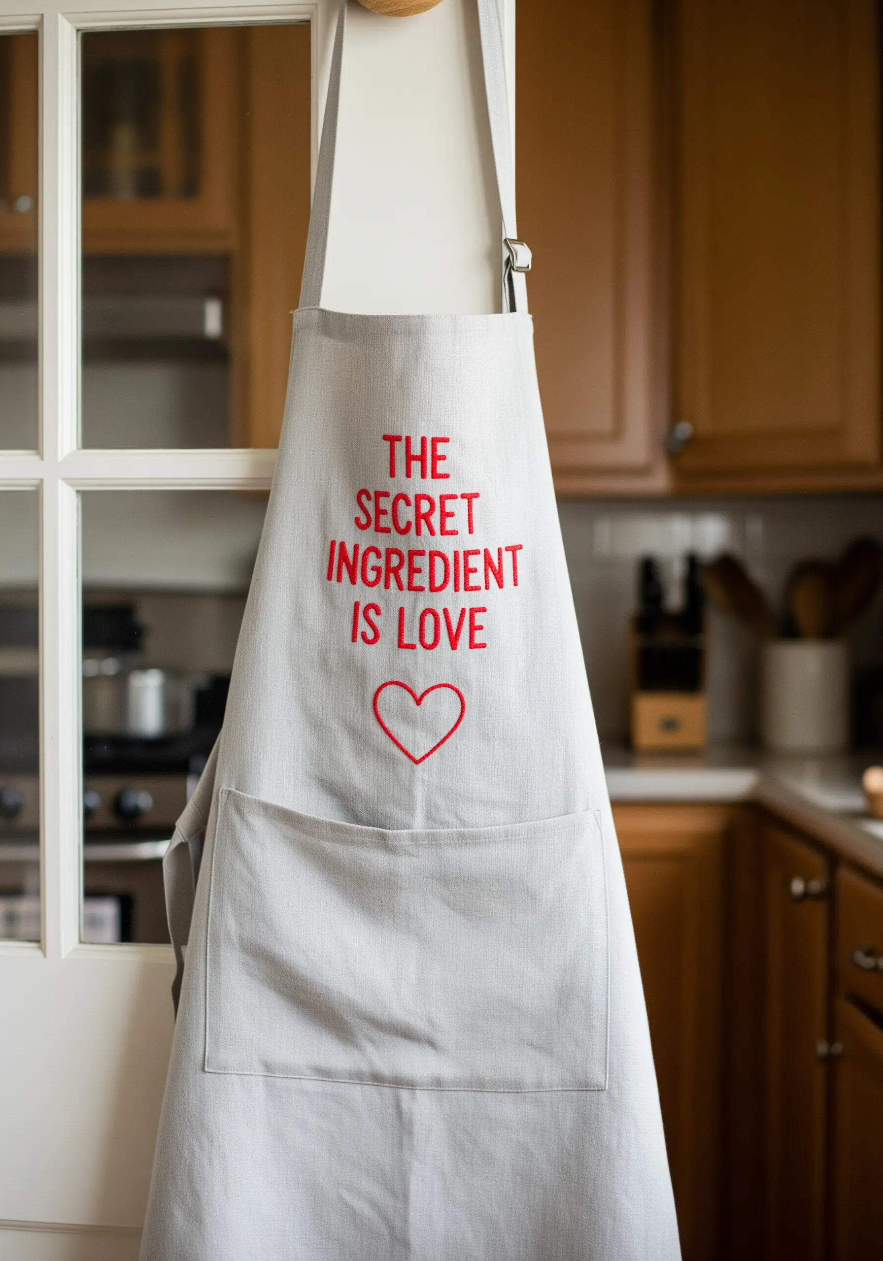 A light gray apron embroidered with the red text 'The Secret Ingredient is Love'.
