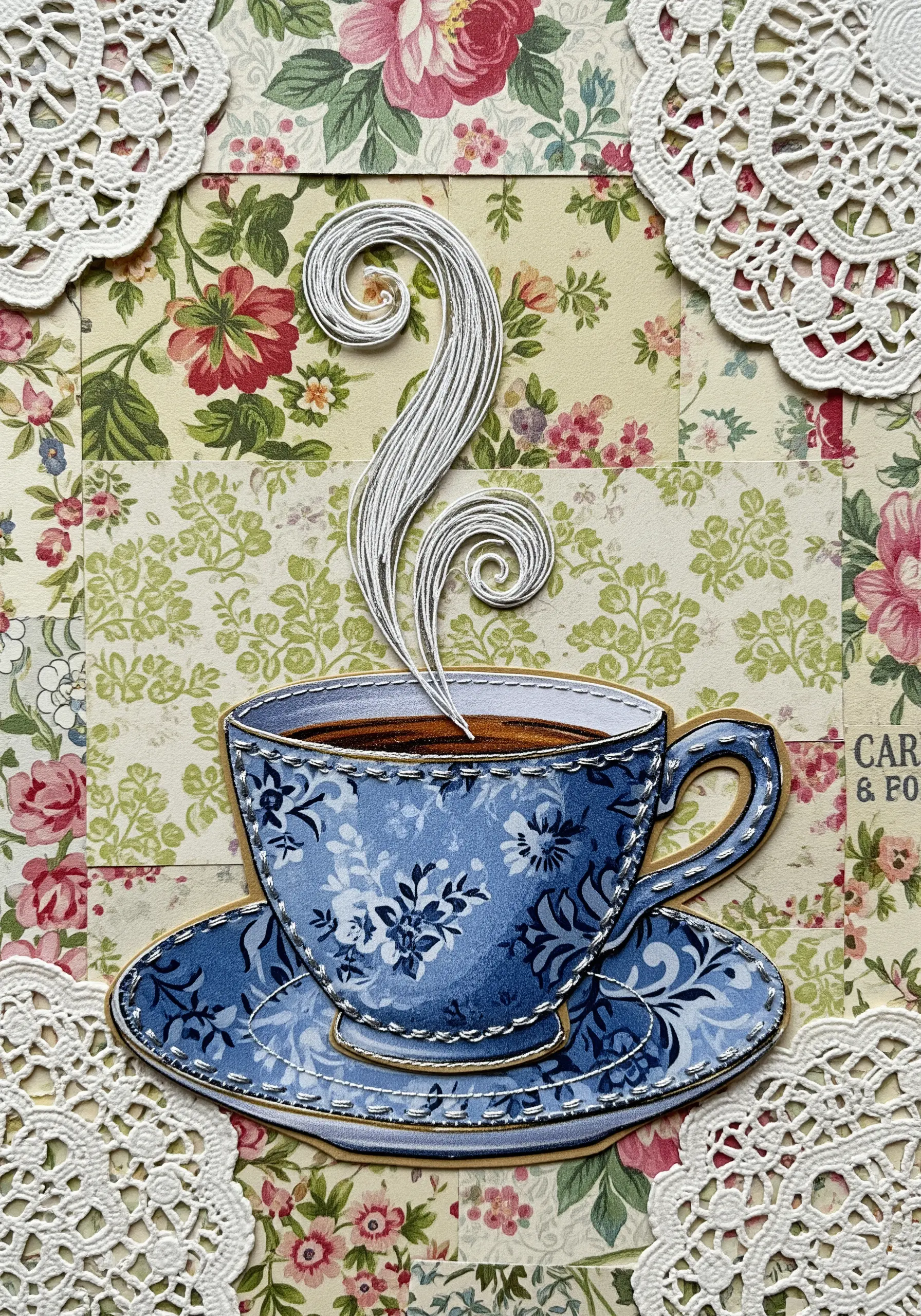 A paper collage teacup decorated with a white dashed line to simulate stitching.