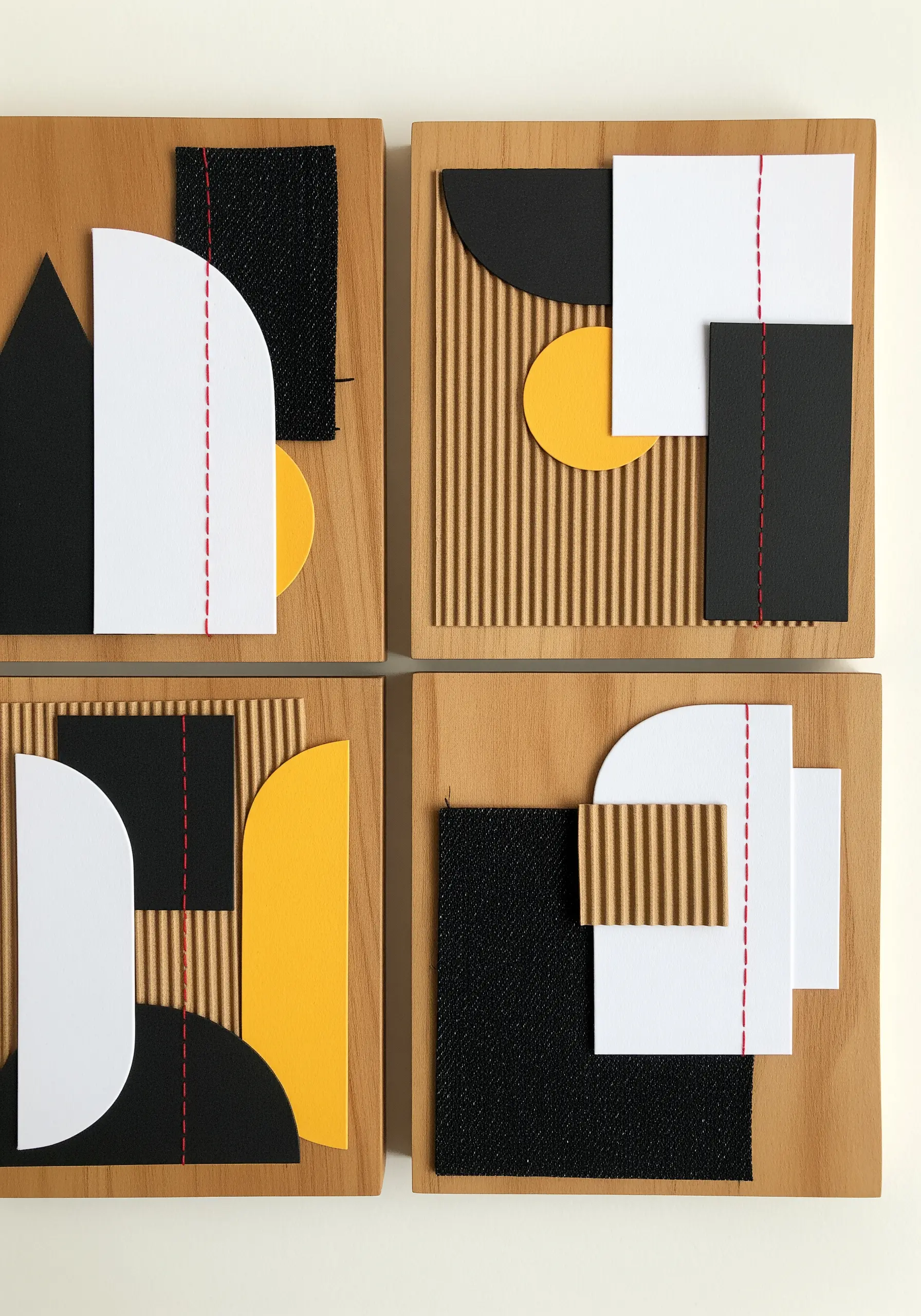 Four geometric collages on wood panels with a single line of red running stitch.