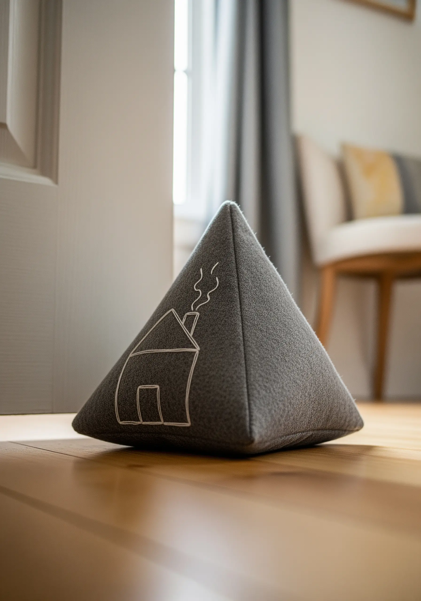 A gray, pyramid-shaped fabric doorstop with a simple white line-art embroidery of a house.