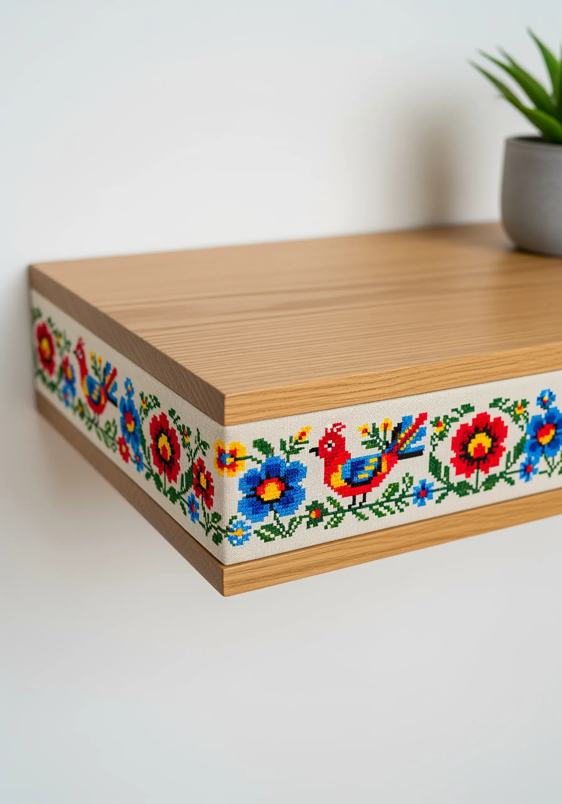 Aida cloth with colorful folk-art cross-stitch wrapped around a wooden shelf.