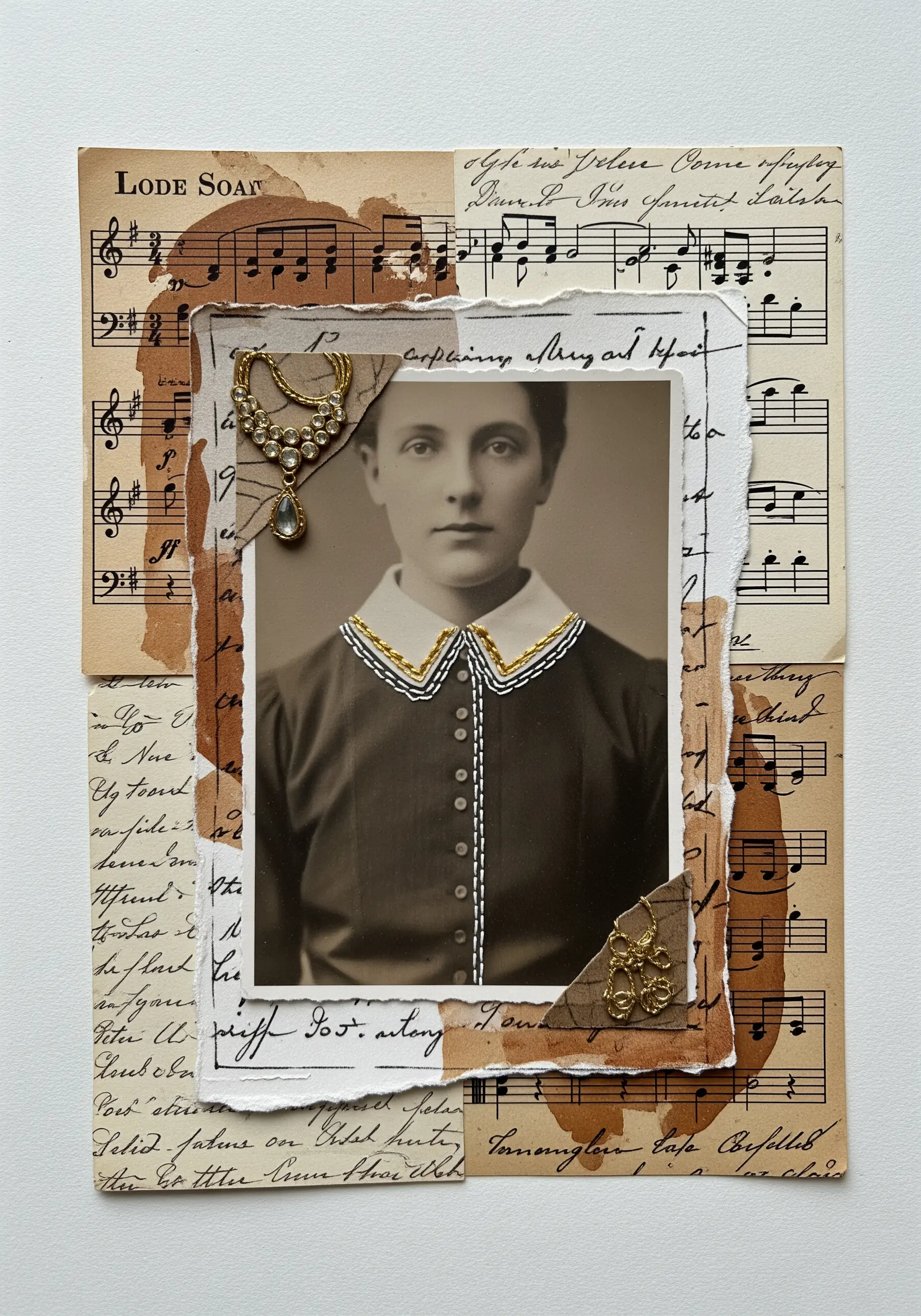 A vintage photograph with hand-stitched details on the collar and a gold thread necklace.