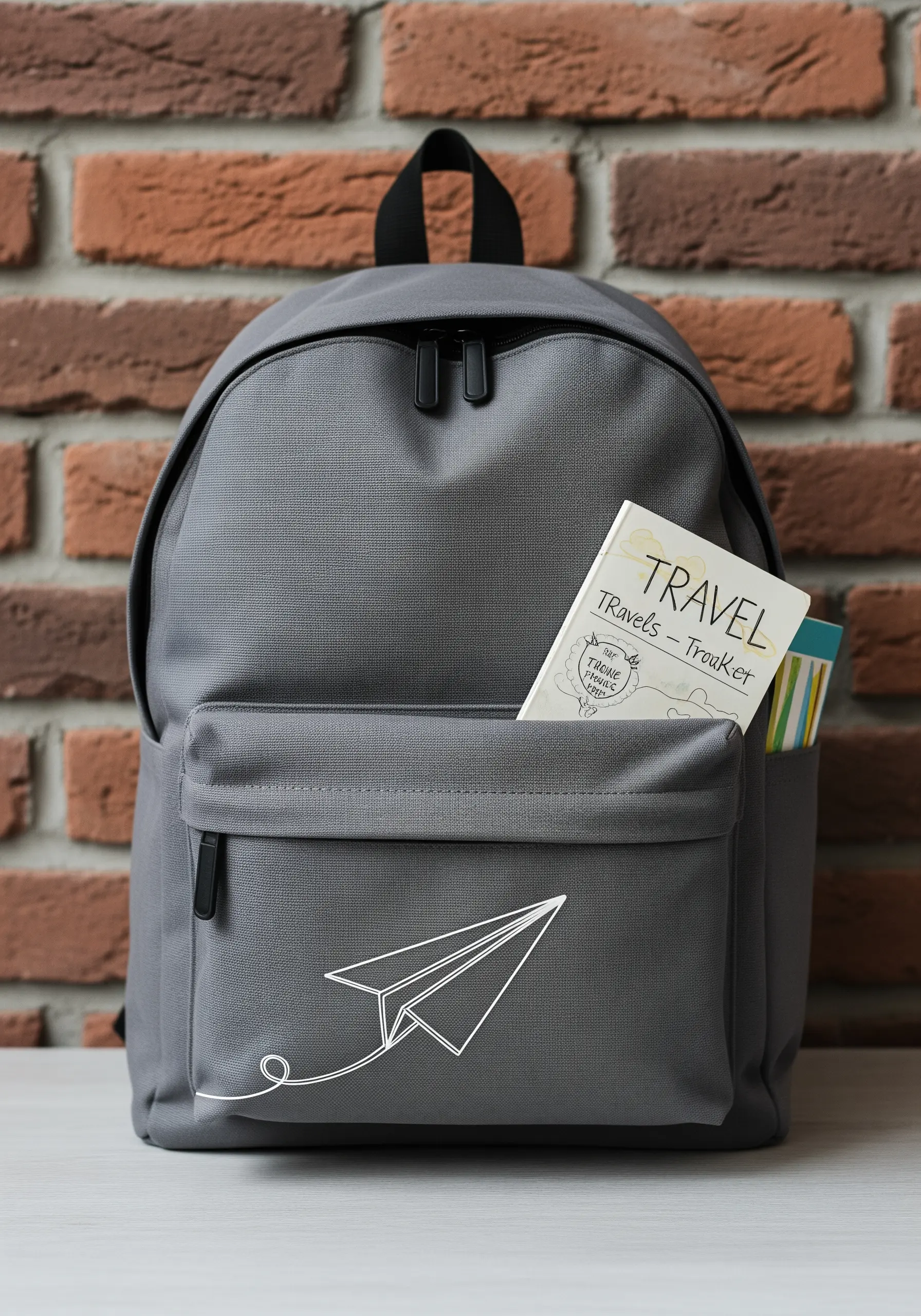 A white paper plane with a looping flight trail embroidered on a grey backpack pocket.