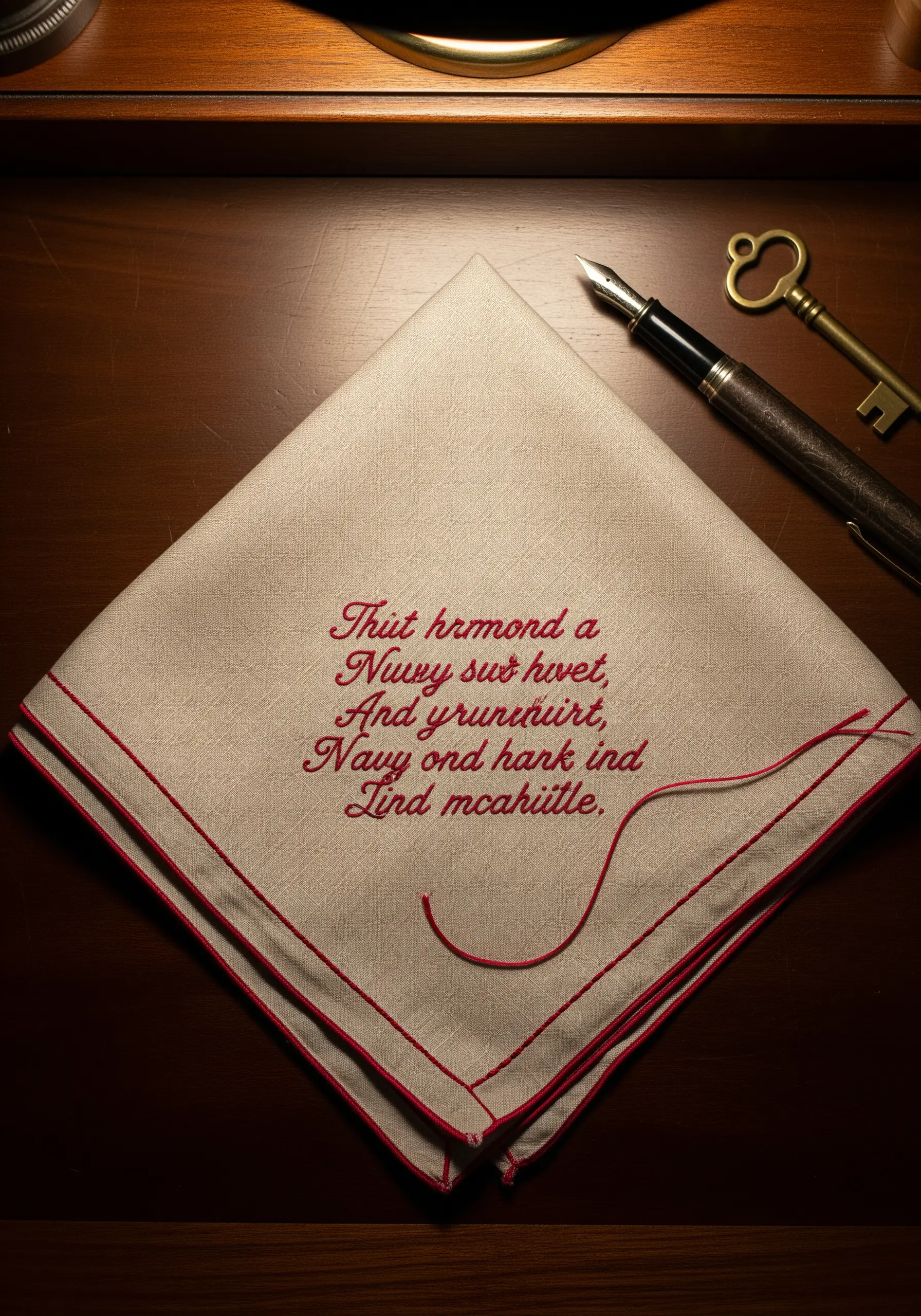 Linen handkerchief with elegant red script embroidery and a fine, hand-stitched red border.