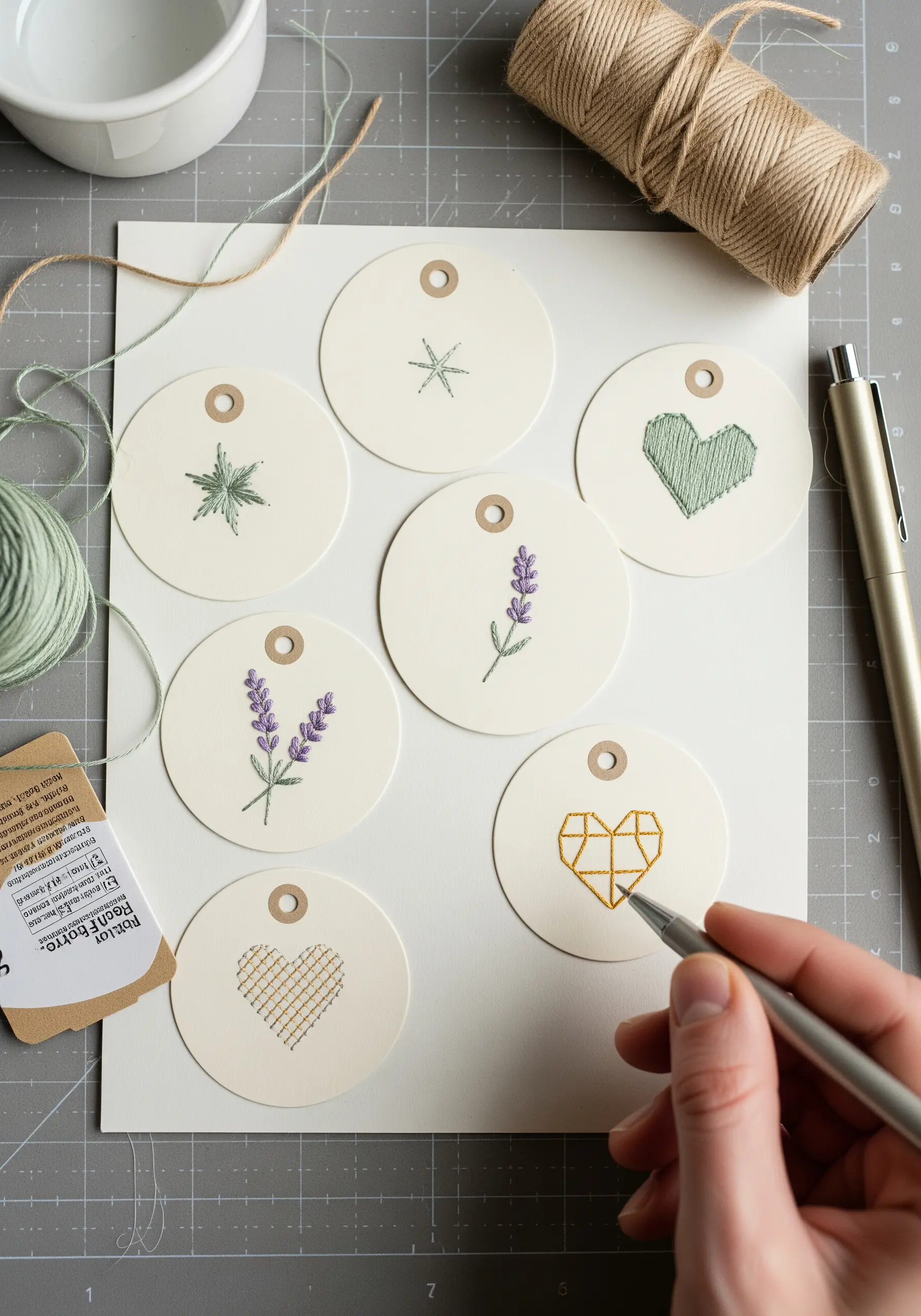 Hand-embroidered paper gift tags with small botanical and heart motifs.
