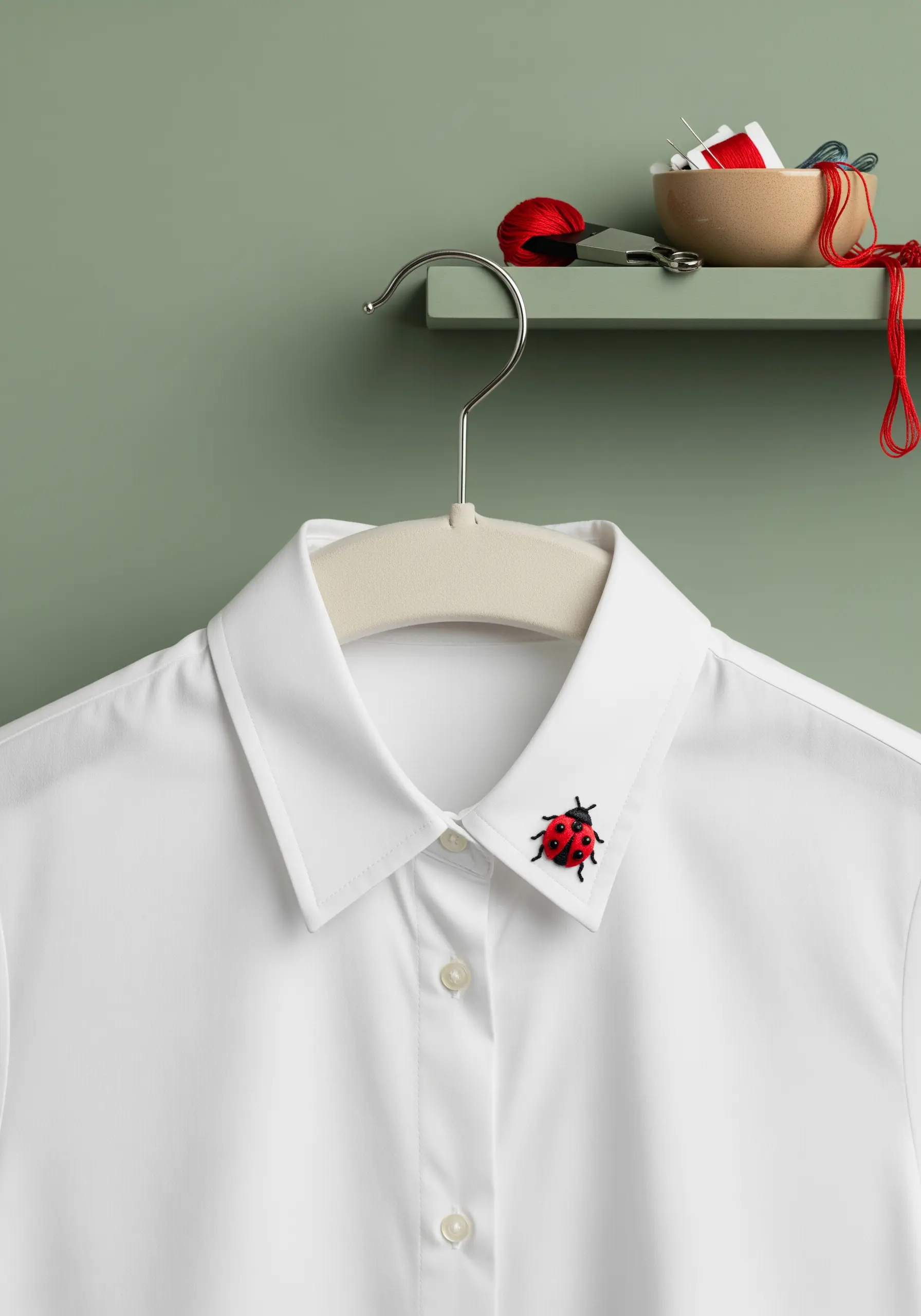 Tiny embroidered ladybug with a raised satin stitch on a white shirt collar.
