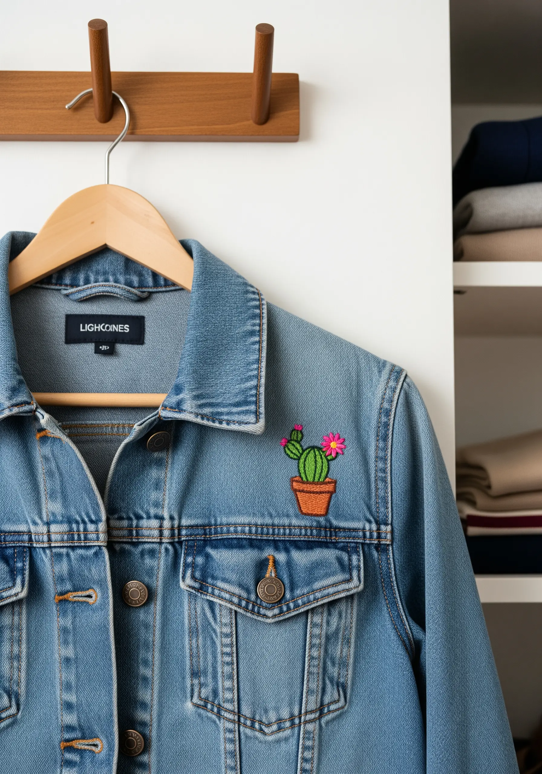 A small embroidered cactus in a terracotta pot on the pocket of a denim jacket.