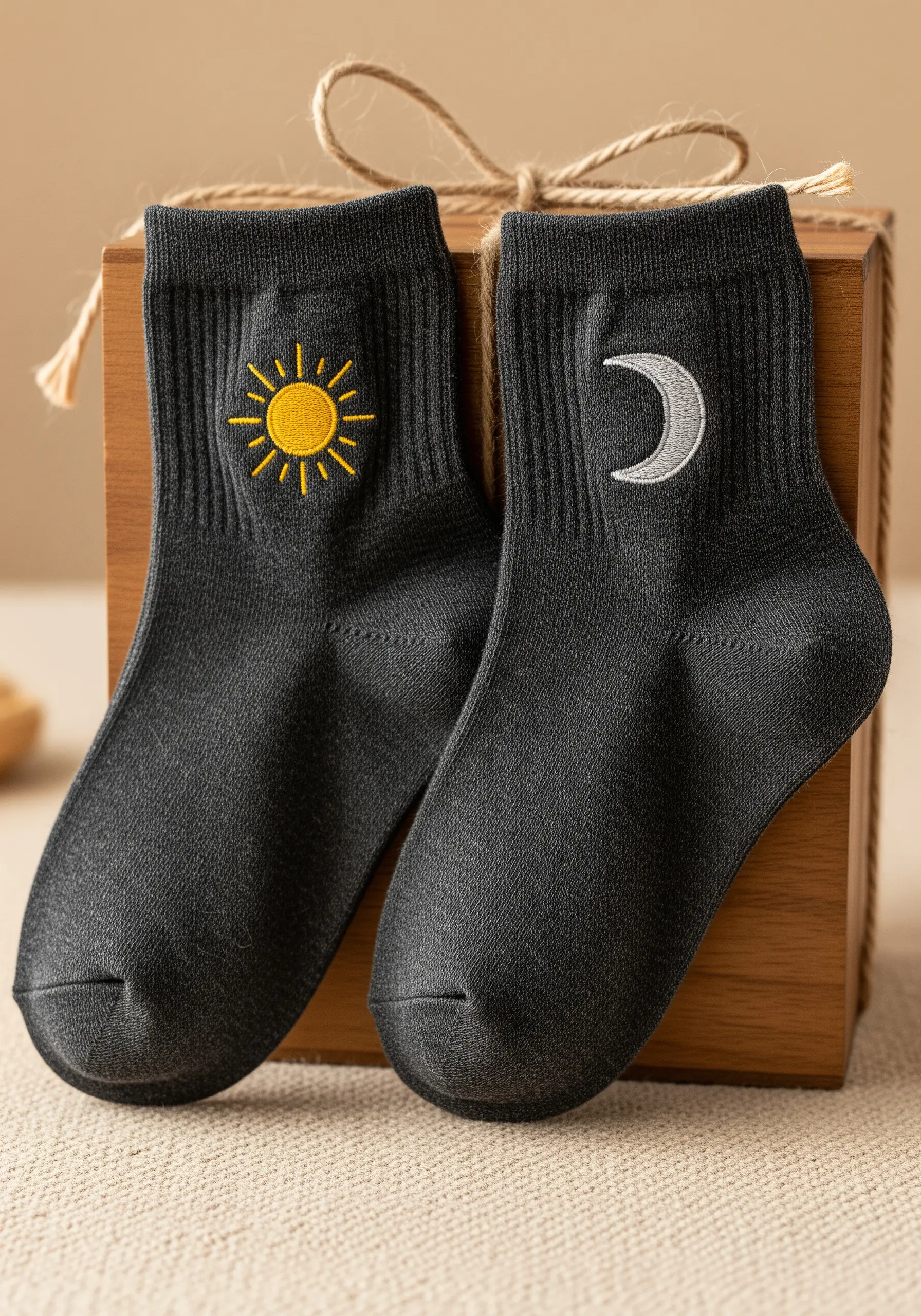 A pair of black socks, one embroidered with a yellow sun and the other with a silver moon.