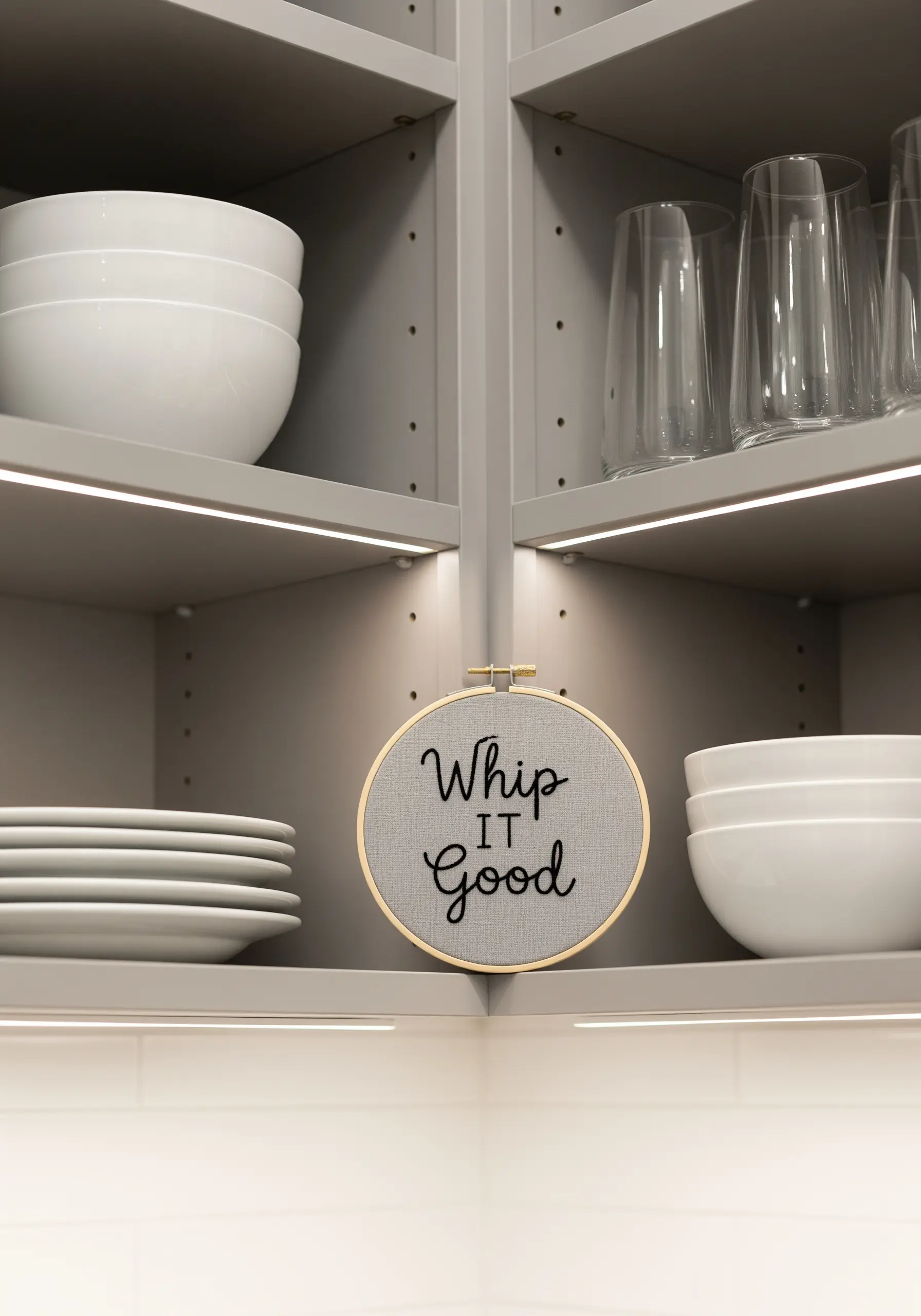 A small embroidery hoop with the text 'Whip It Good' sitting inside a kitchen cabinet.