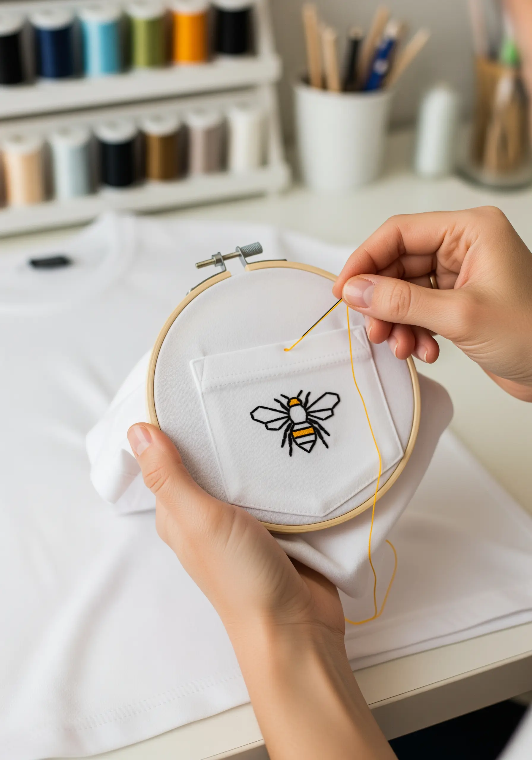 A geometric bee motif being embroidered onto the pocket of a white t-shirt.