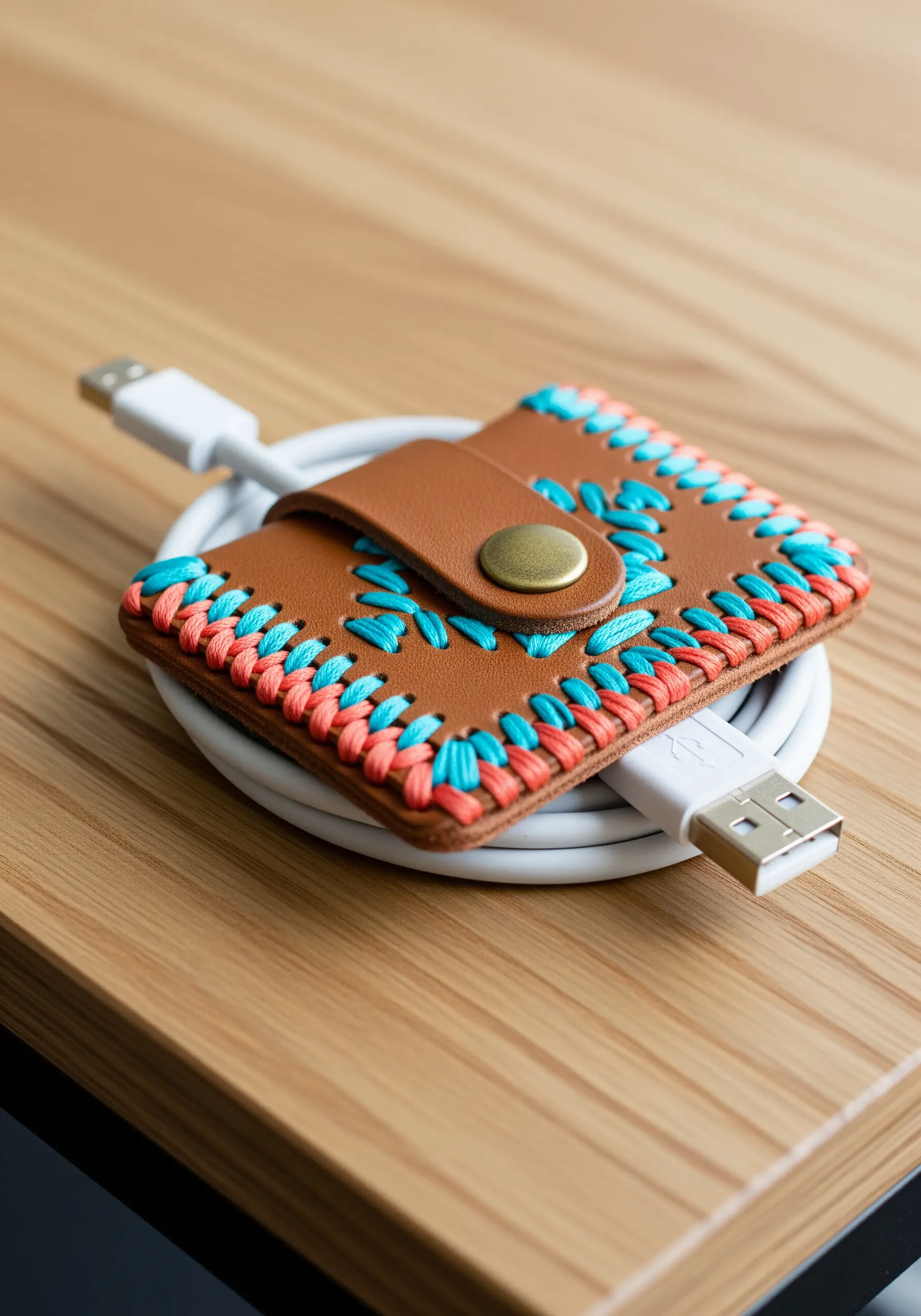 A brown leather cable organizer embellished with a bright turquoise and coral blanket stitch.