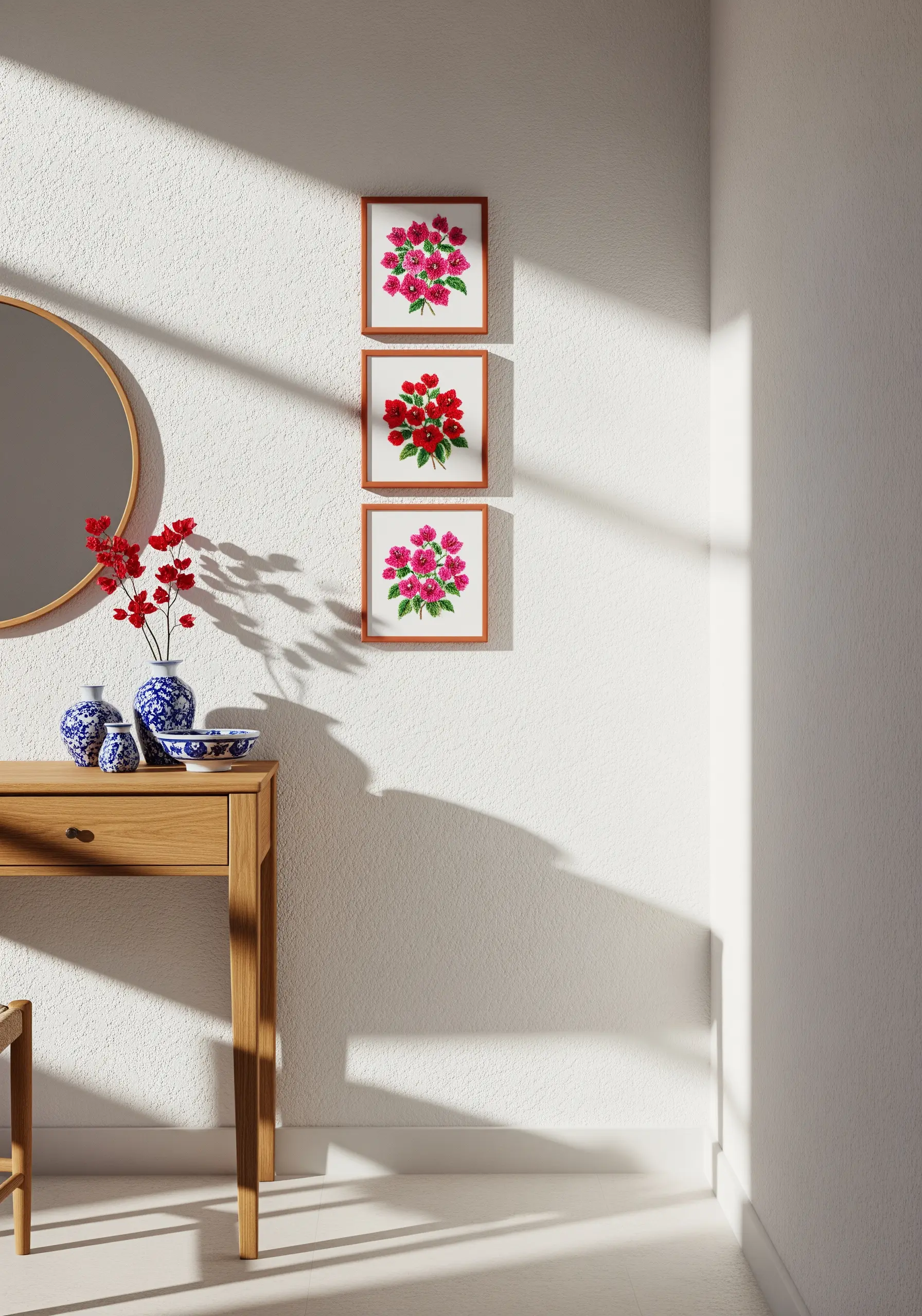 Three small, square-framed embroideries of bright pink and red flowers stacked vertically.