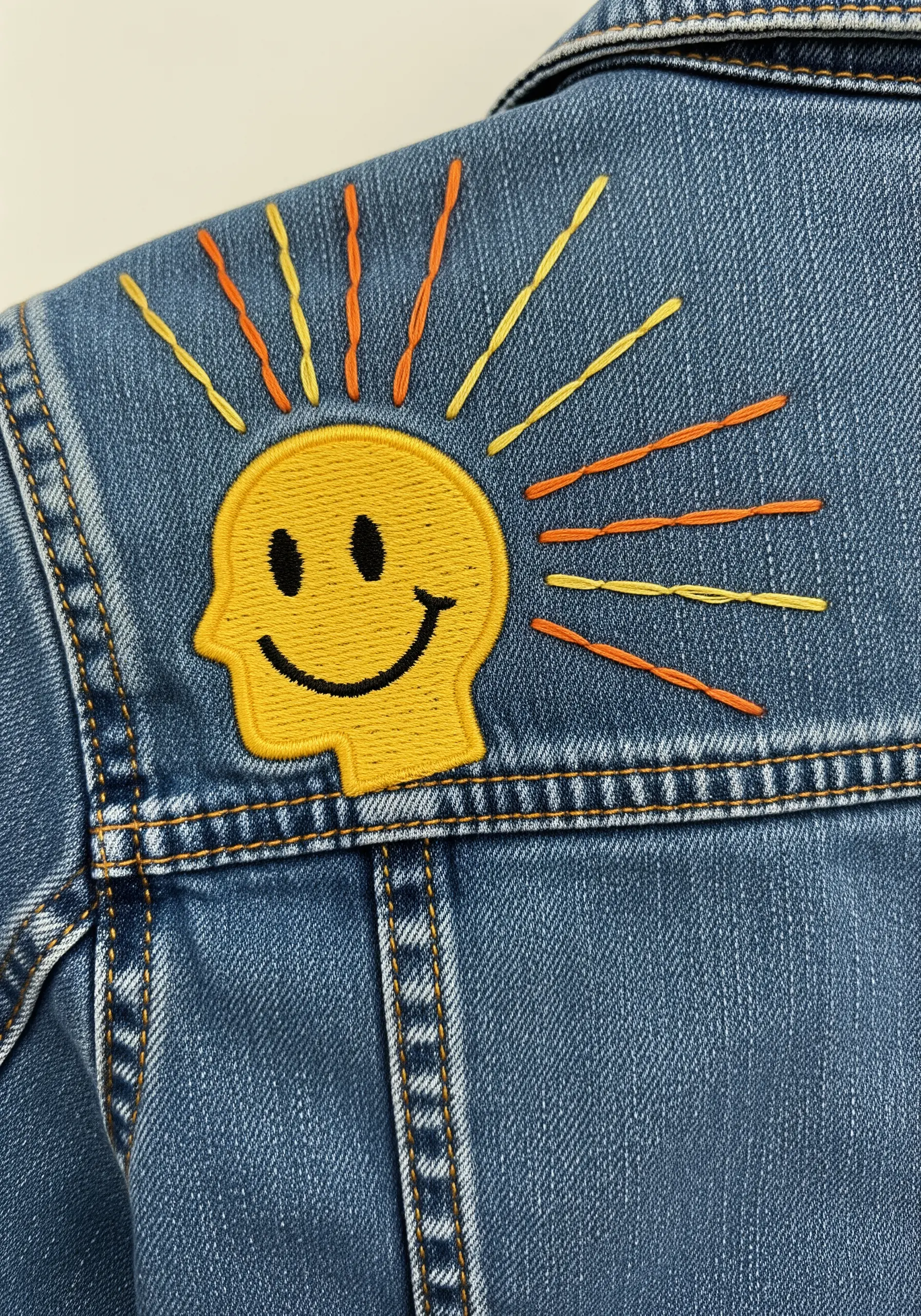 A yellow smiley-face patch with embroidered sun rays on the shoulder of a denim jacket.