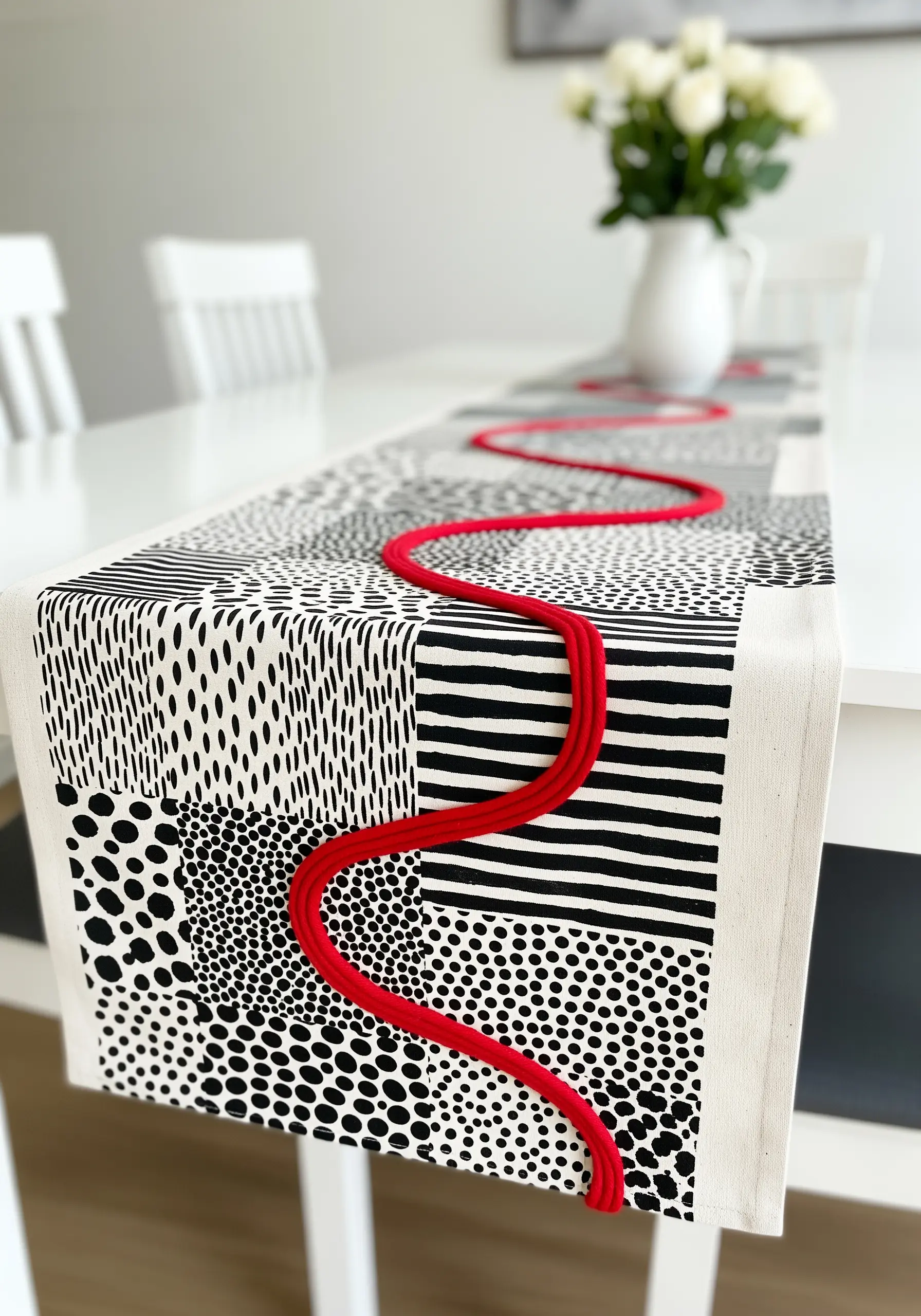Black-and-white patchwork table runner with a bold, meandering red cord couched on top.