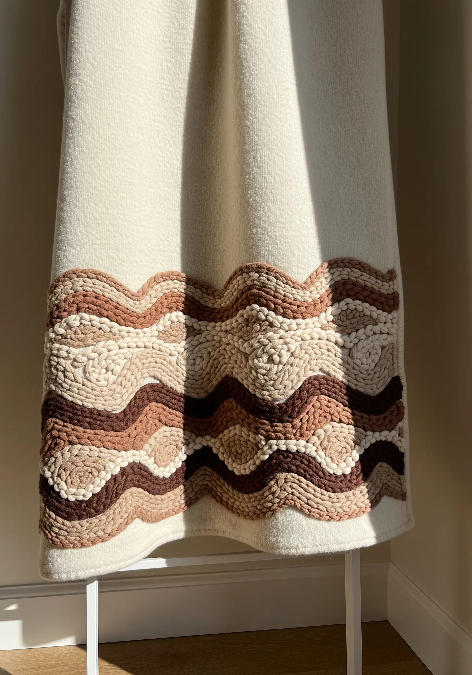 A thick, textured embroidered border in wavy earth tones on a cream blanket.