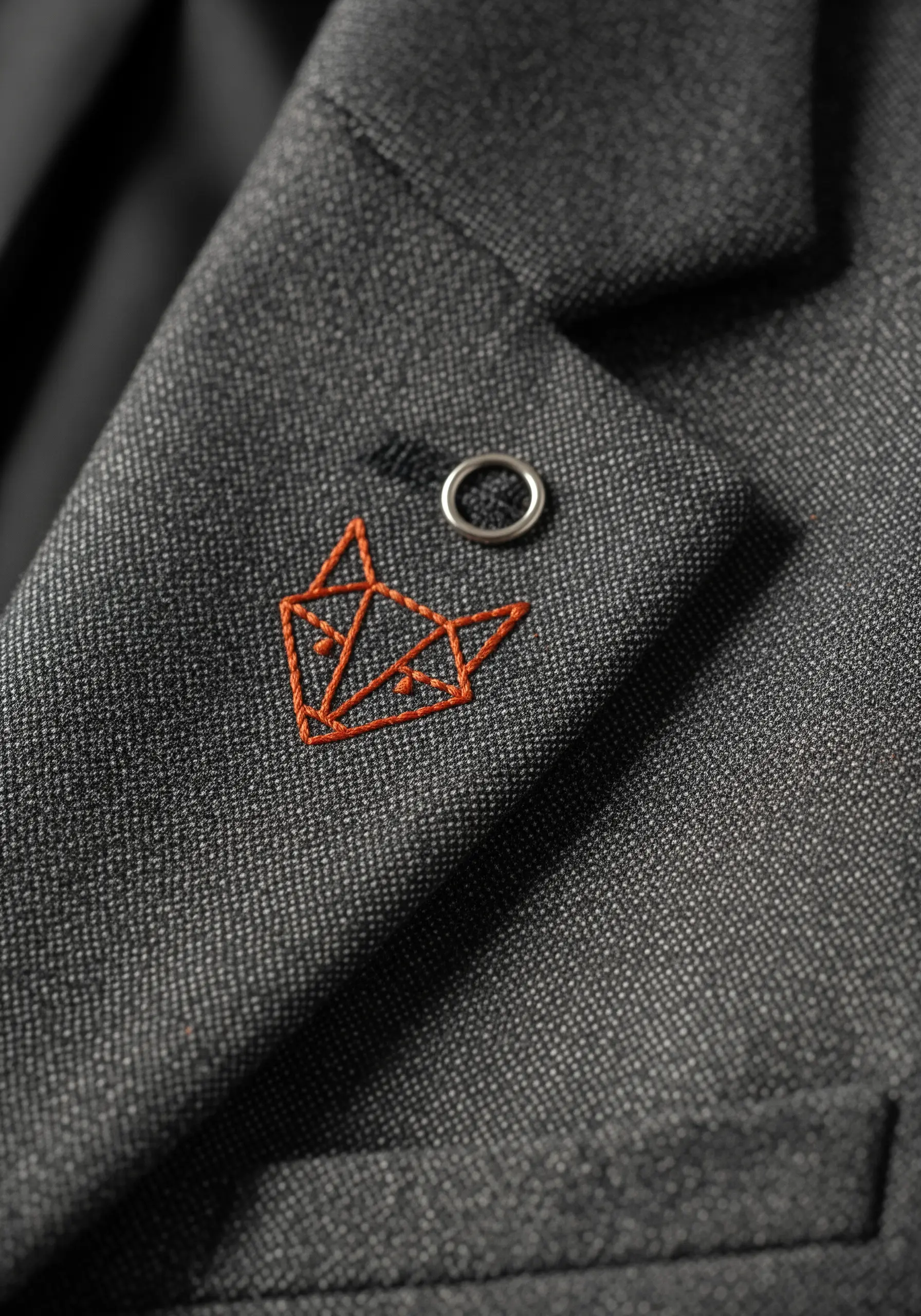 A small, geometric fox head outlined in orange thread on the lapel of a gray suit jacket.