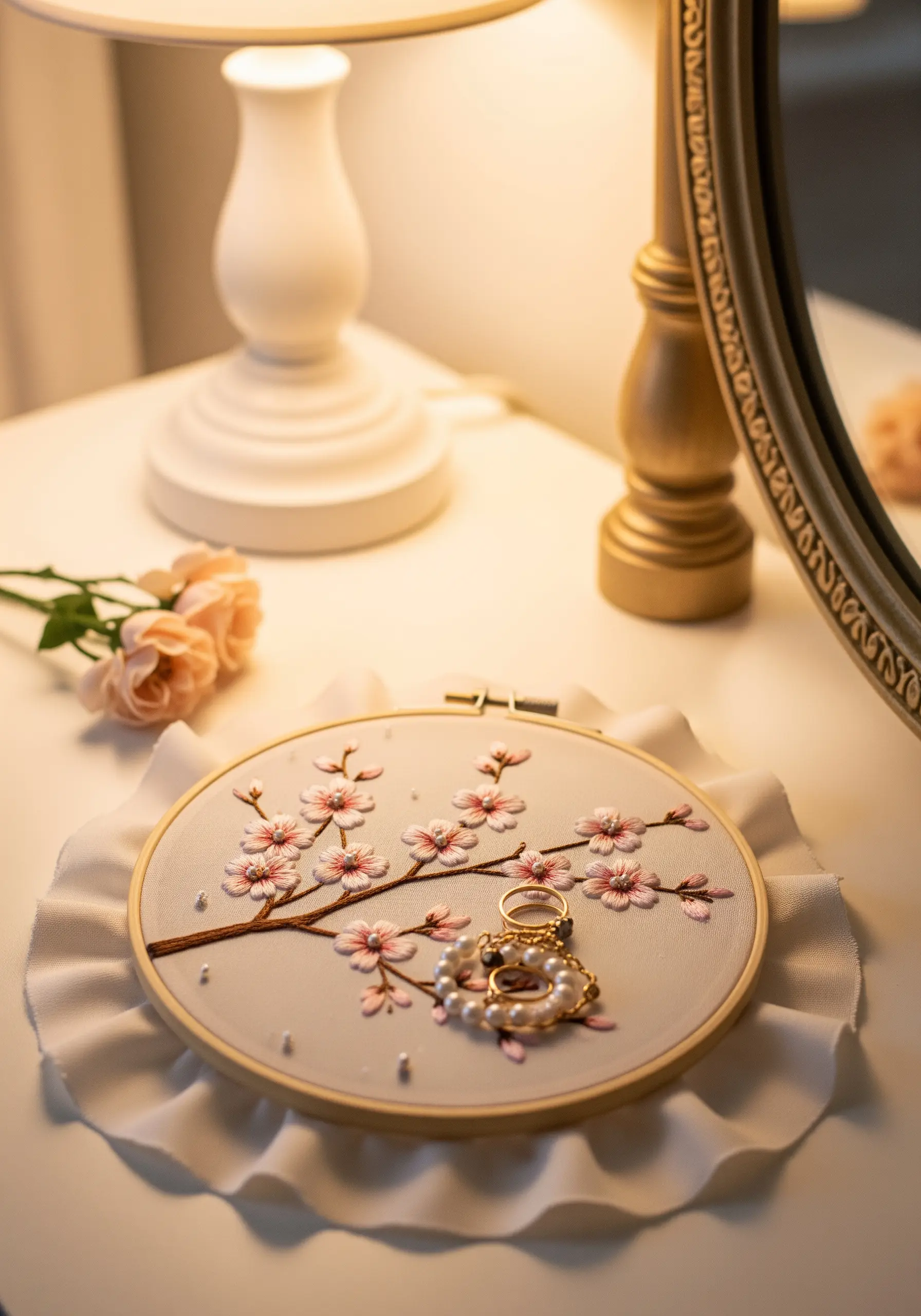 Cherry blossom embroidery with French knots and pearls, framed with a white ruffle.