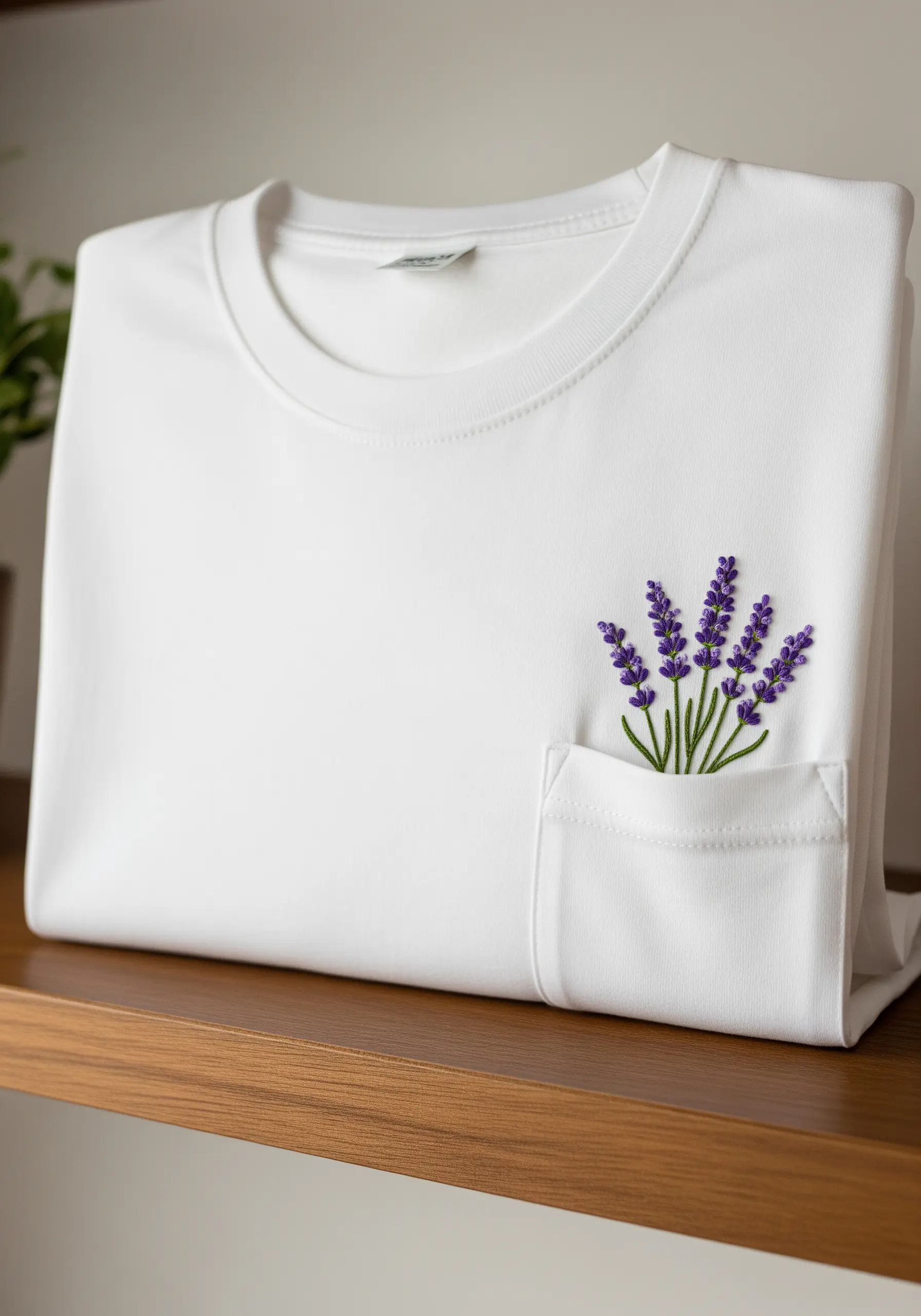 A sprig of embroidered lavender appearing to emerge from a white t-shirt pocket.