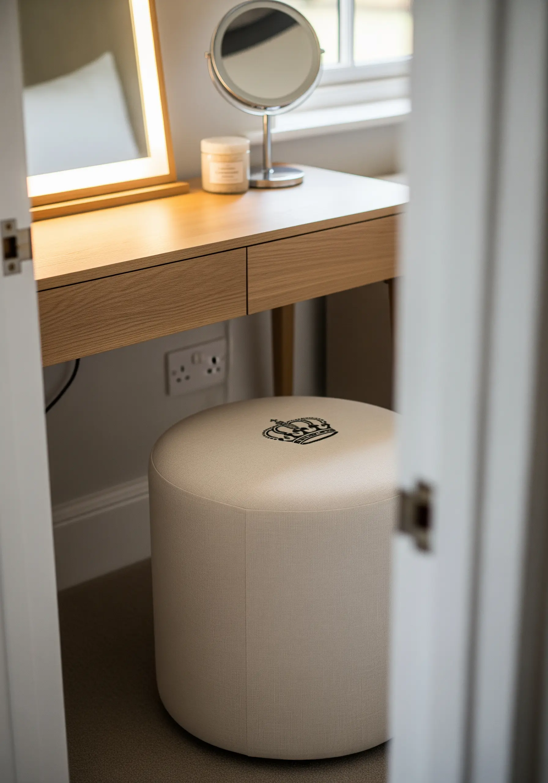 A small, black crown motif embroidered on the top of a round, off-white vanity stool.
