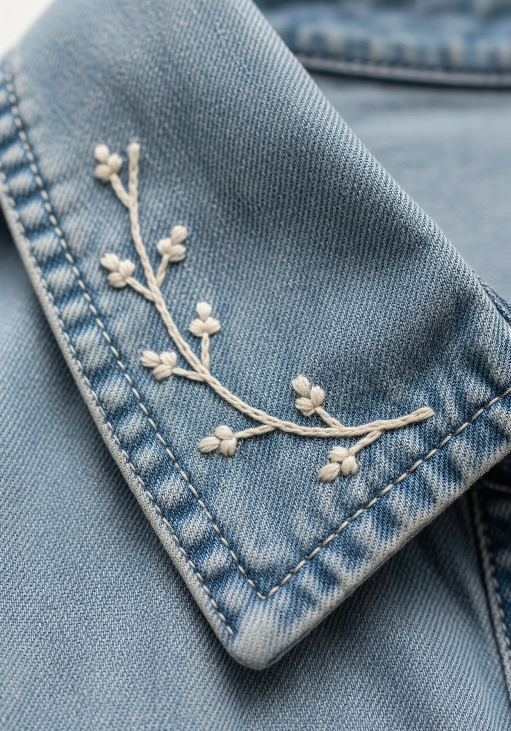 A delicate white embroidered sprig with colonial knots on the tough collar of a denim shirt.