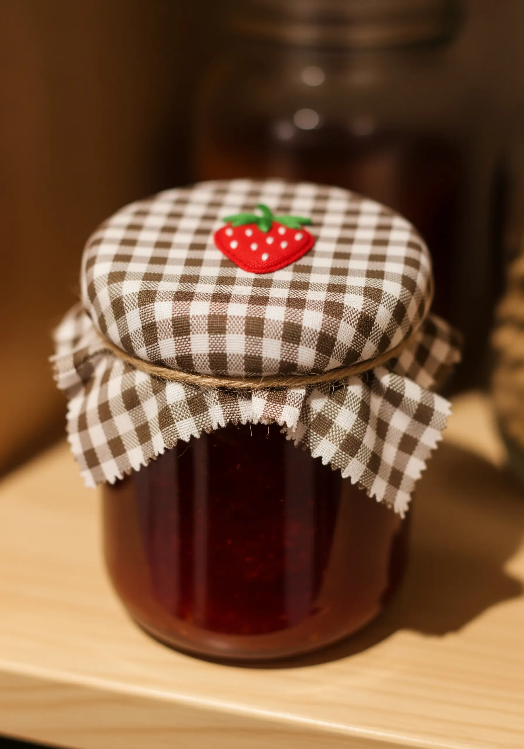 A gingham jam jar lid cover embellished with a small, perfectly stitched strawberry.