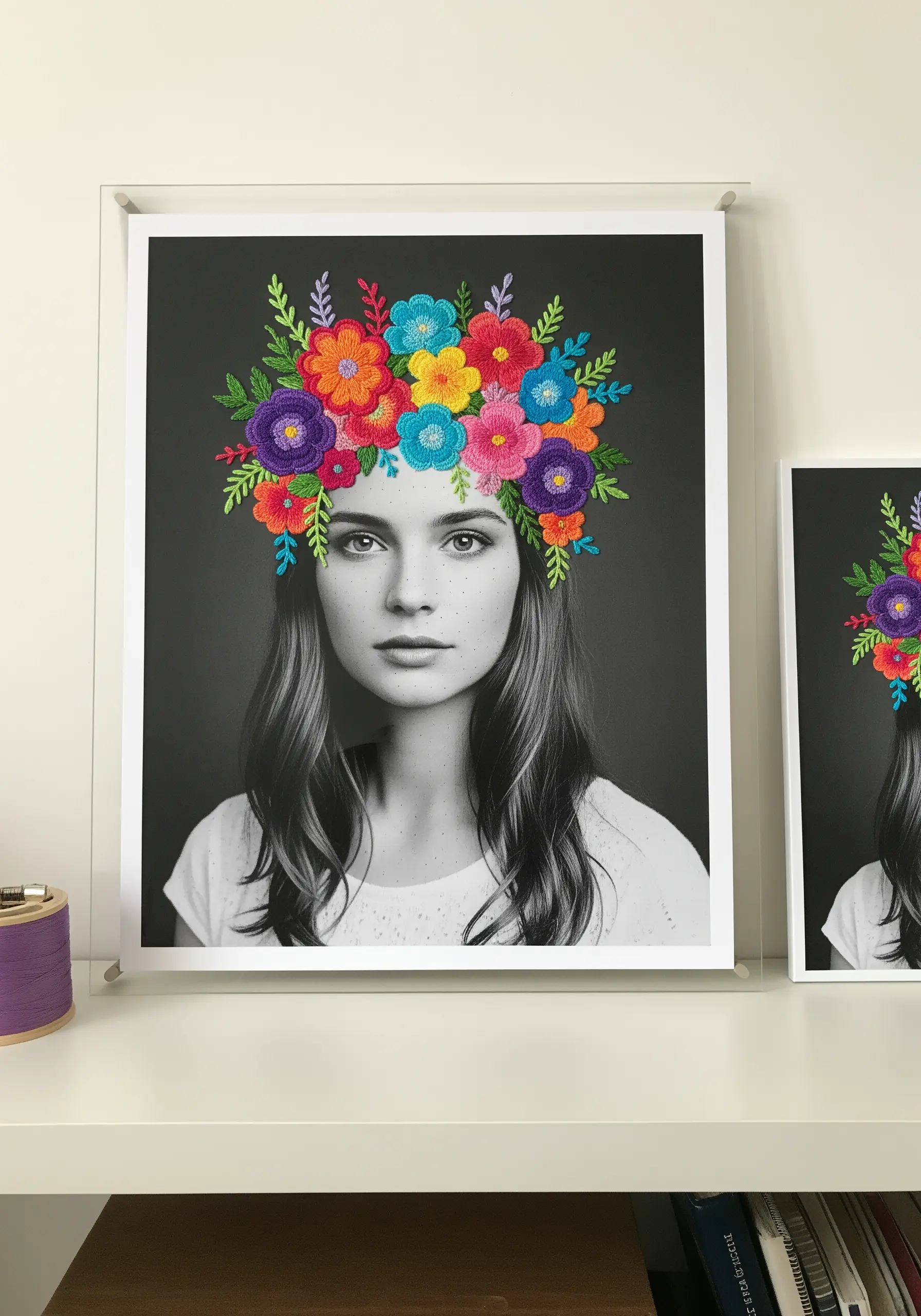 A black and white portrait with a brightly colored, embroidered floral crown stitched over it.