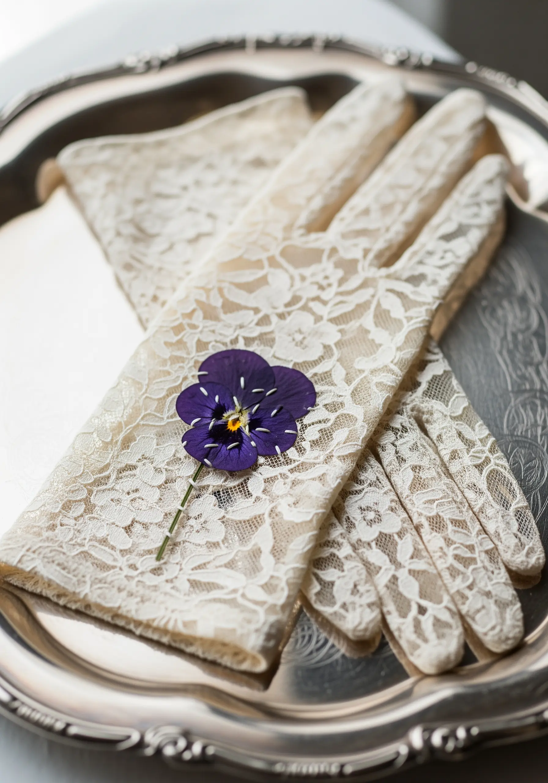 A single dark purple pansy placed atop a pair of vintage ivory lace gloves.